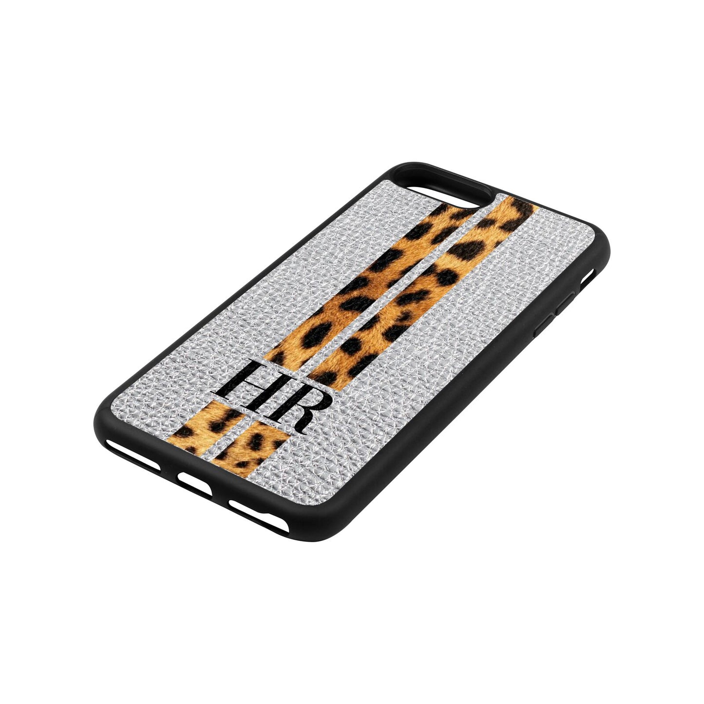 Initialled Leopard Print Stripes Silver Pebble Leather iPhone 8 Plus Case Side Angle