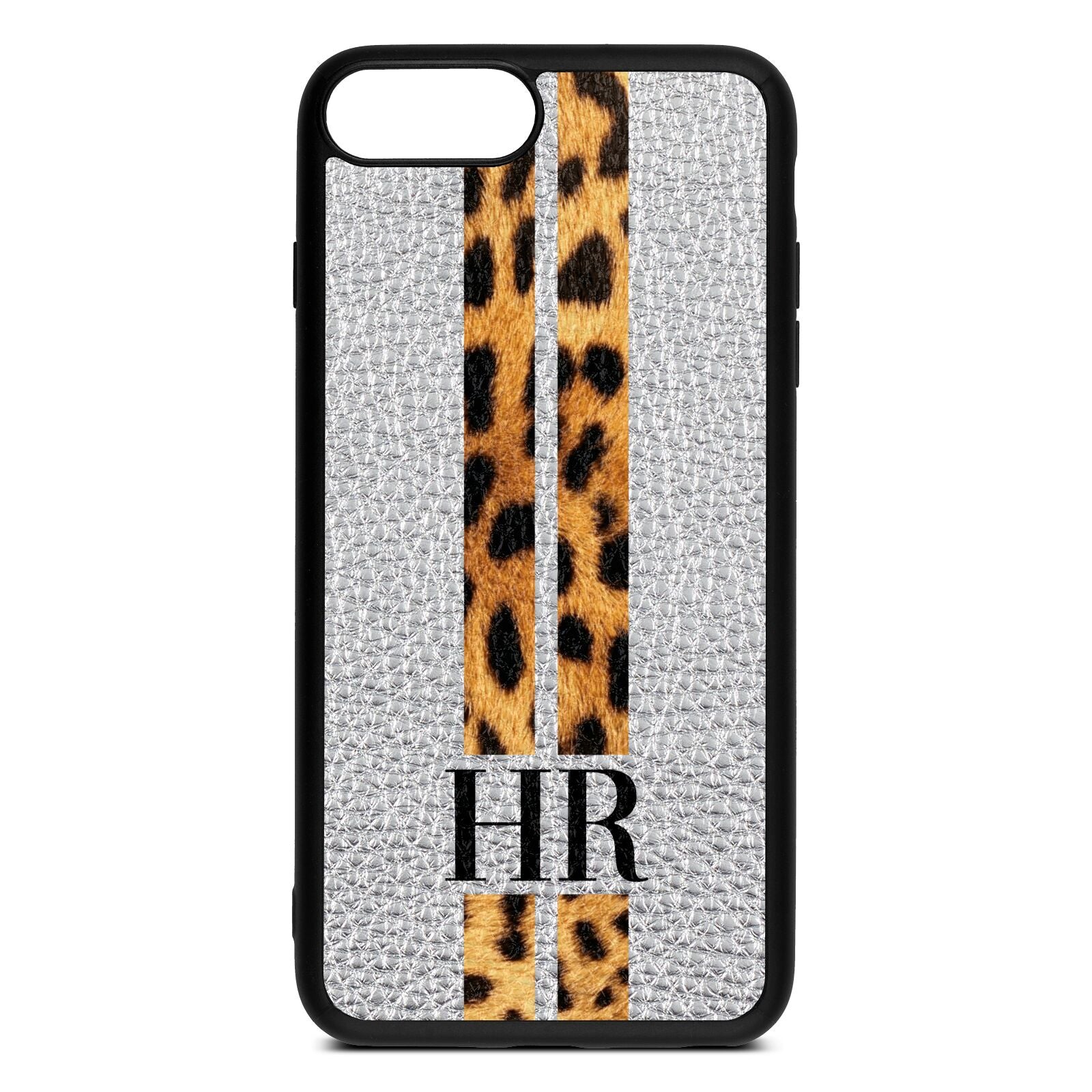 Initialled Leopard Print Stripes Silver Pebble Leather iPhone 8 Plus Case