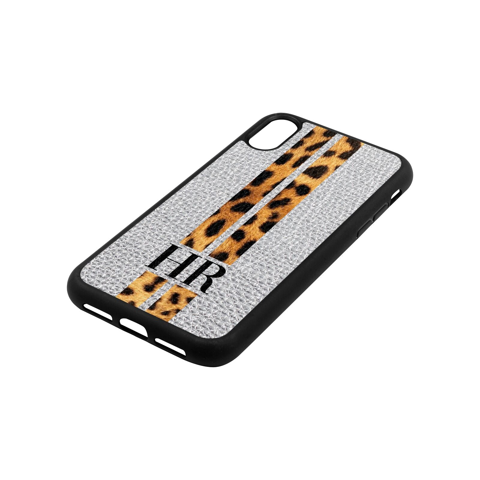 Initialled Leopard Print Stripes Silver Pebble Leather iPhone Xr Case Side Angle