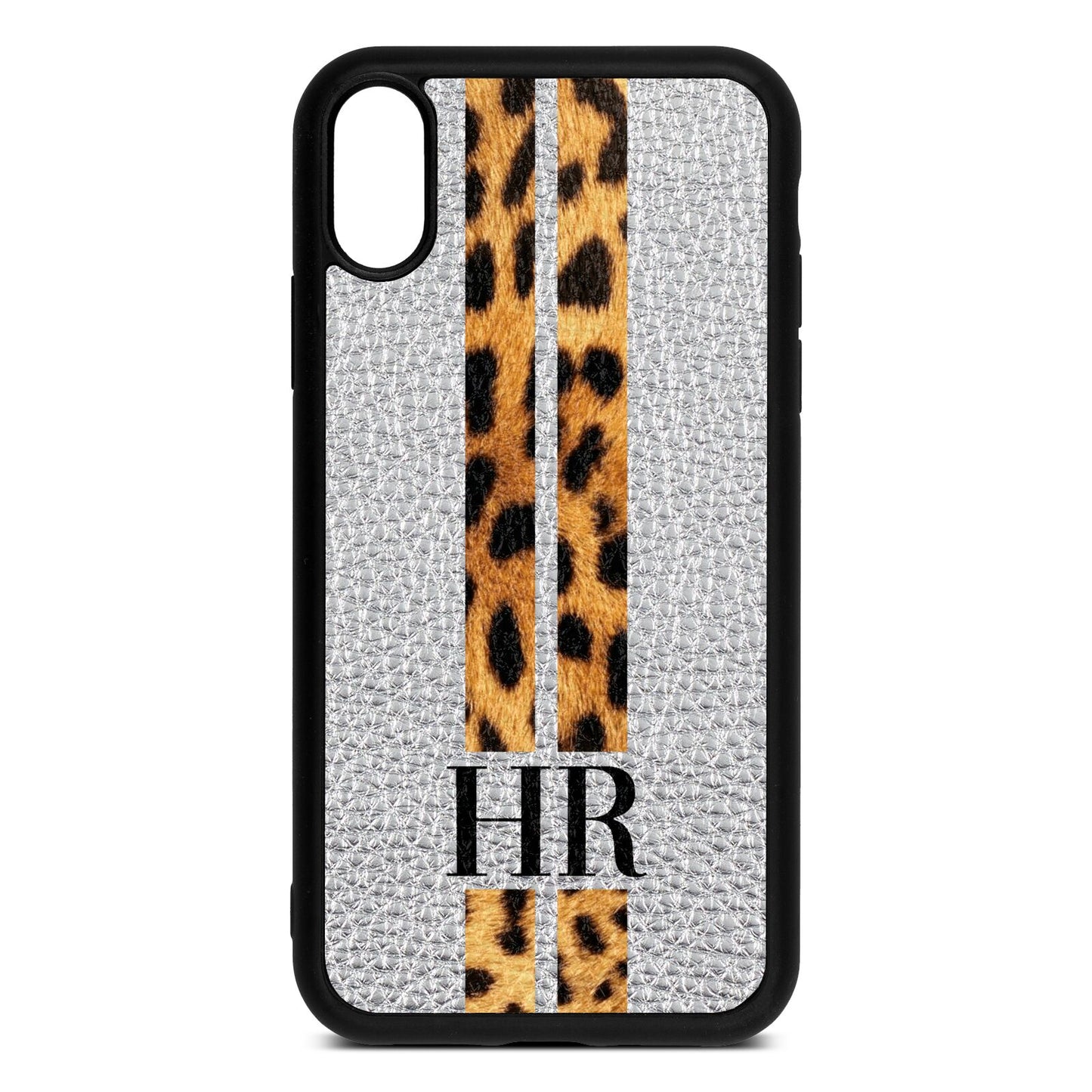 Initialled Leopard Print Stripes Silver Pebble Leather iPhone Xr Case