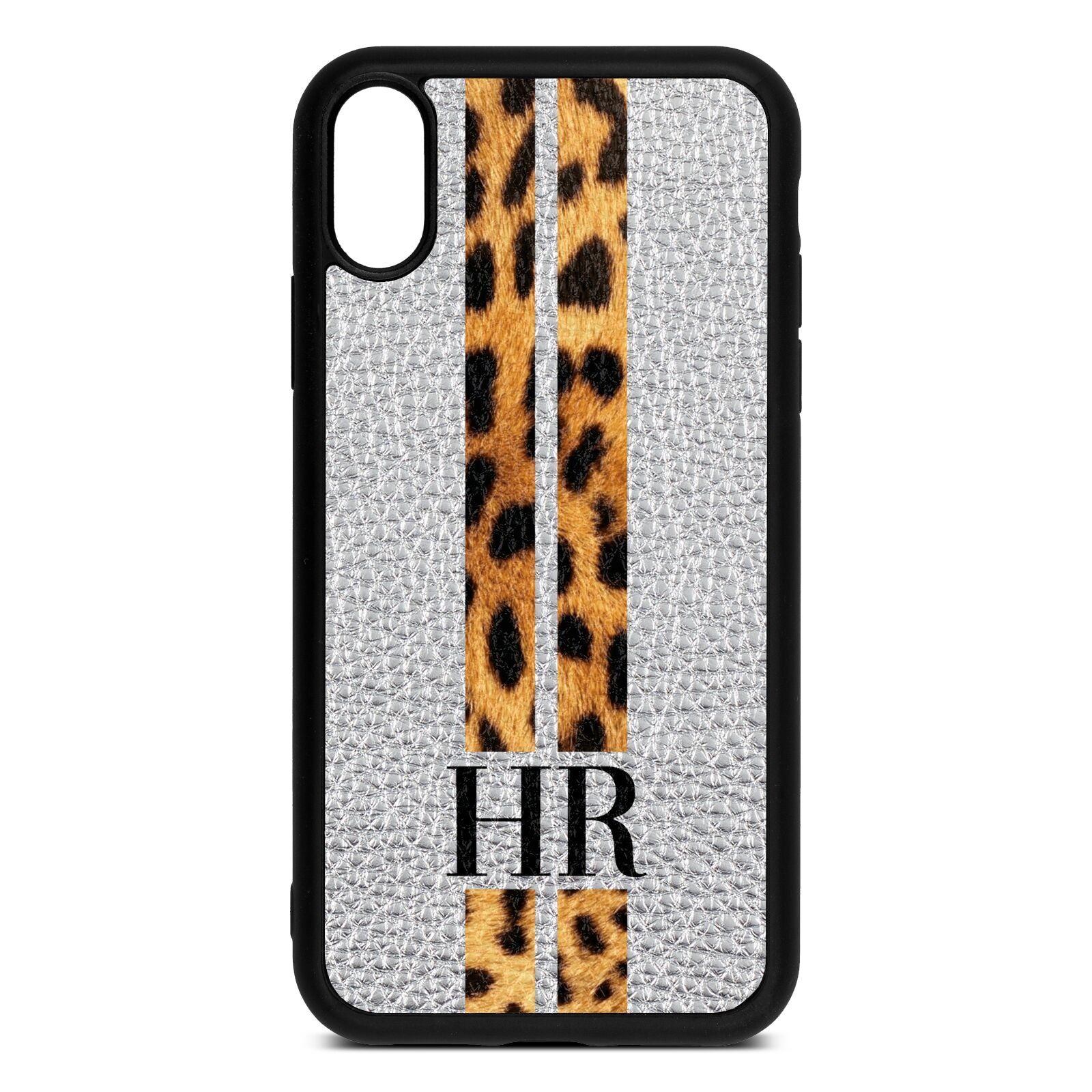 Initialled Leopard Print Stripes Silver Pebble Leather iPhone Xr Case
