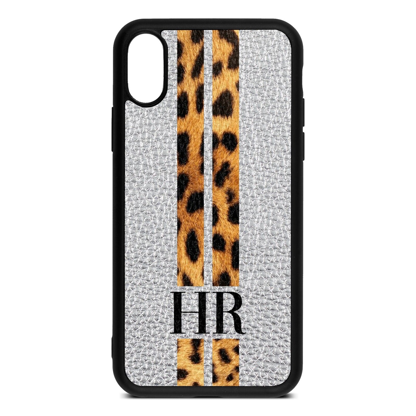 Initialled Leopard Print Stripes Silver Pebble Leather iPhone Xs Case