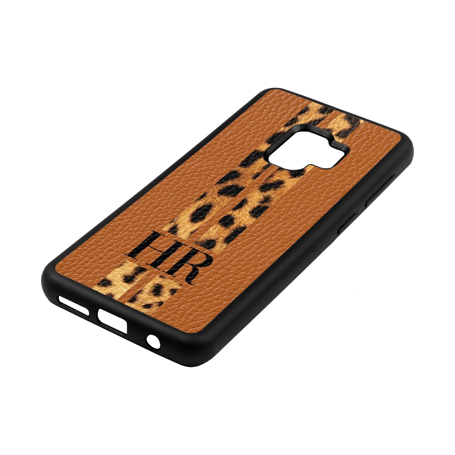 Initialled Leopard Print Stripes Tan Pebble Leather Samsung S9 Case Side Angle