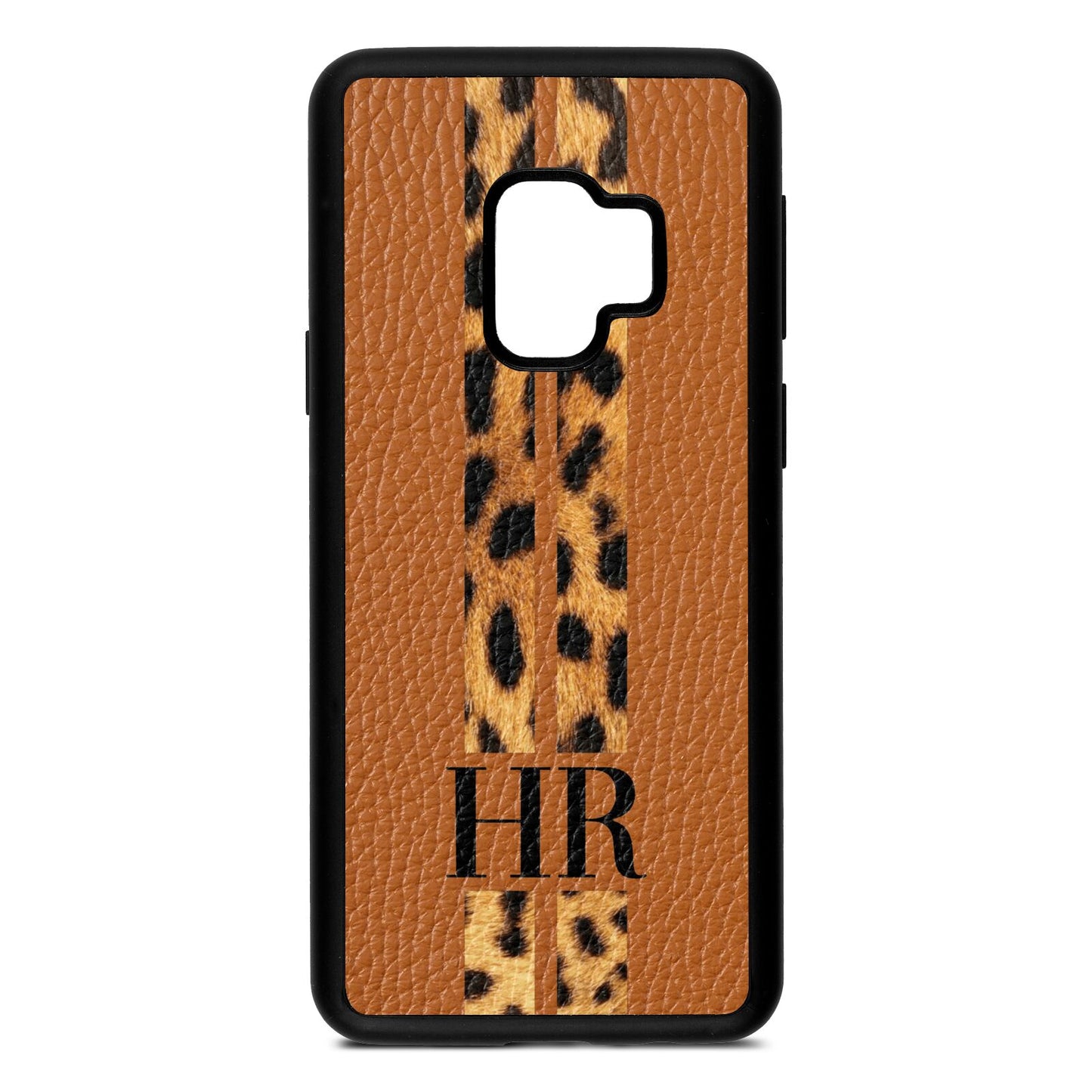 Initialled Leopard Print Stripes Tan Pebble Leather Samsung S9 Case