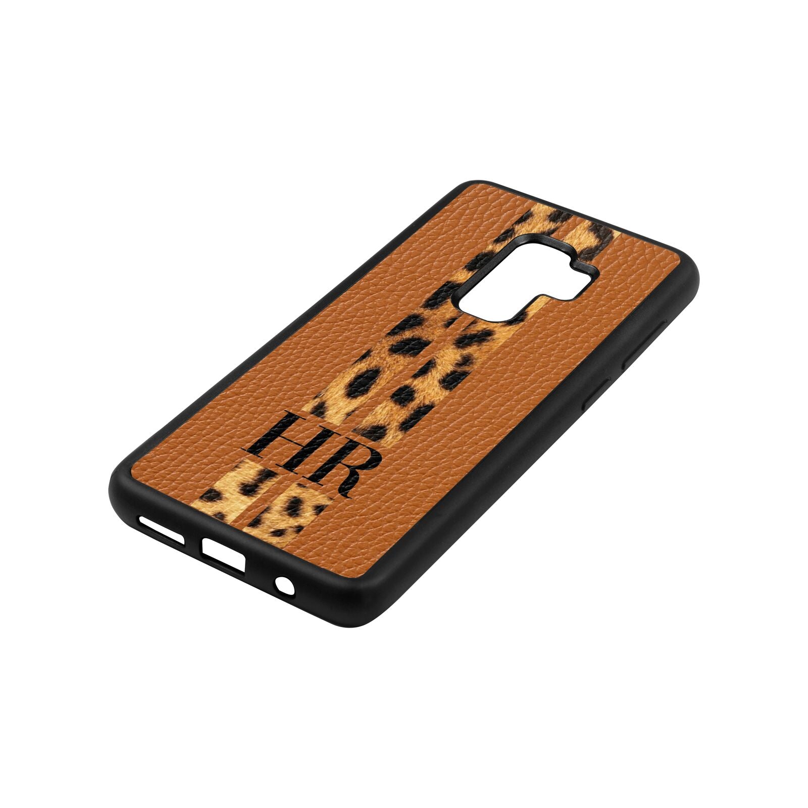 Initialled Leopard Print Stripes Tan Pebble Leather Samsung S9 Plus Case Side Angle