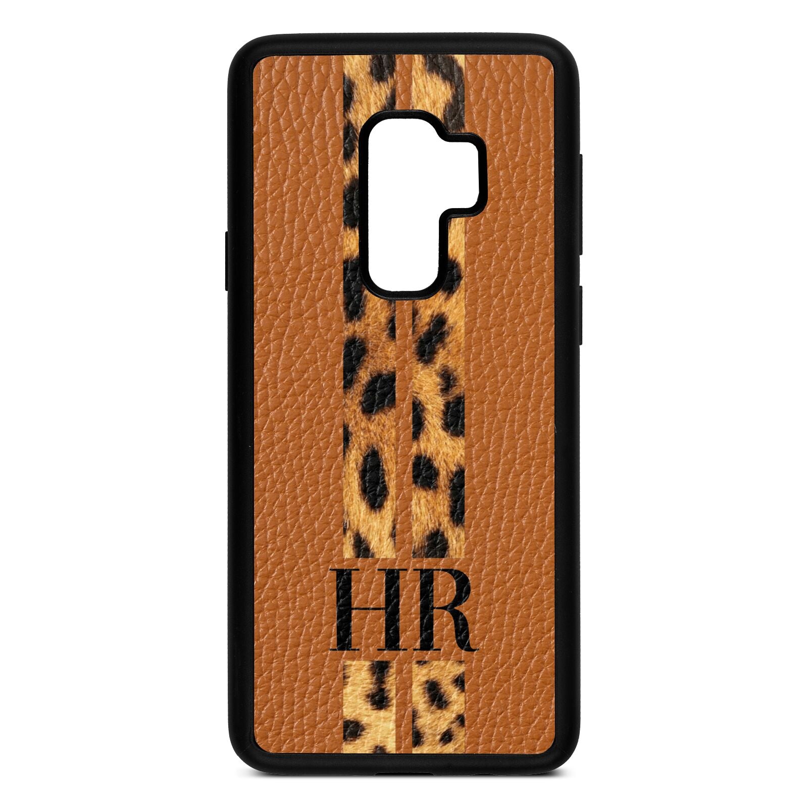 Initialled Leopard Print Stripes Tan Pebble Leather Samsung S9 Plus Case
