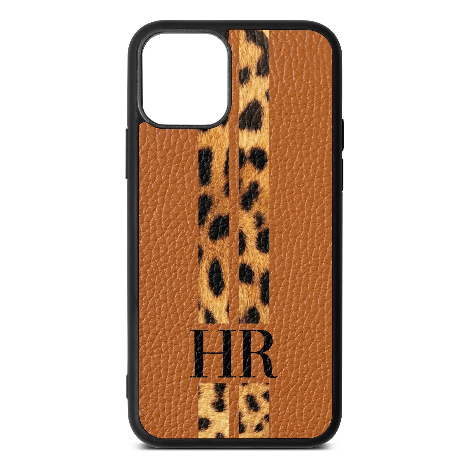 Initialled Leopard Print Stripes Tan Pebble Leather iPhone 11 Case