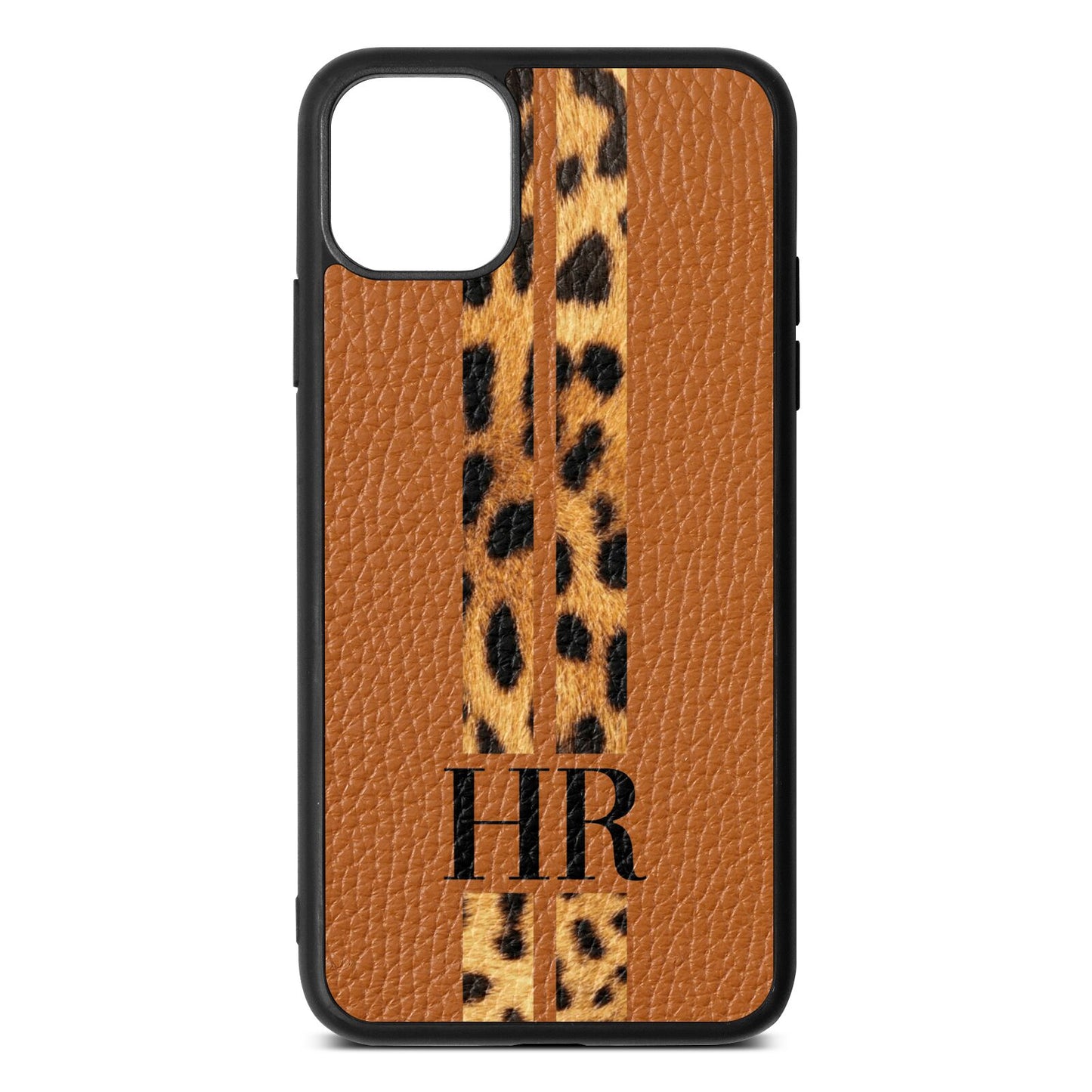 Initialled Leopard Print Stripes Tan Pebble Leather iPhone 11 Pro Max Case