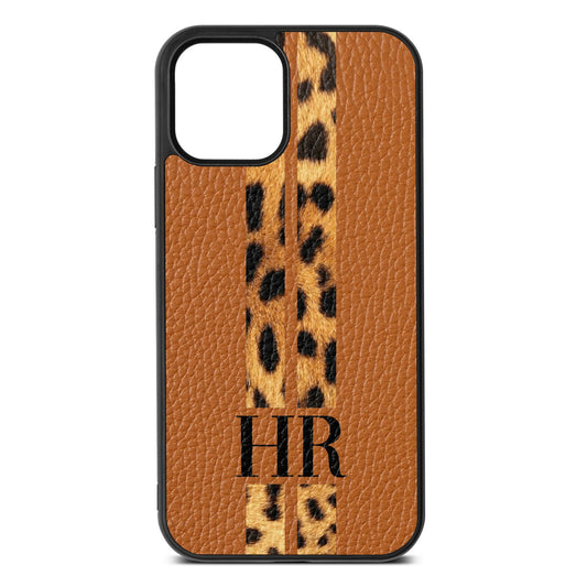 Initialled Leopard Print Stripes Tan Pebble Leather iPhone 12 Case