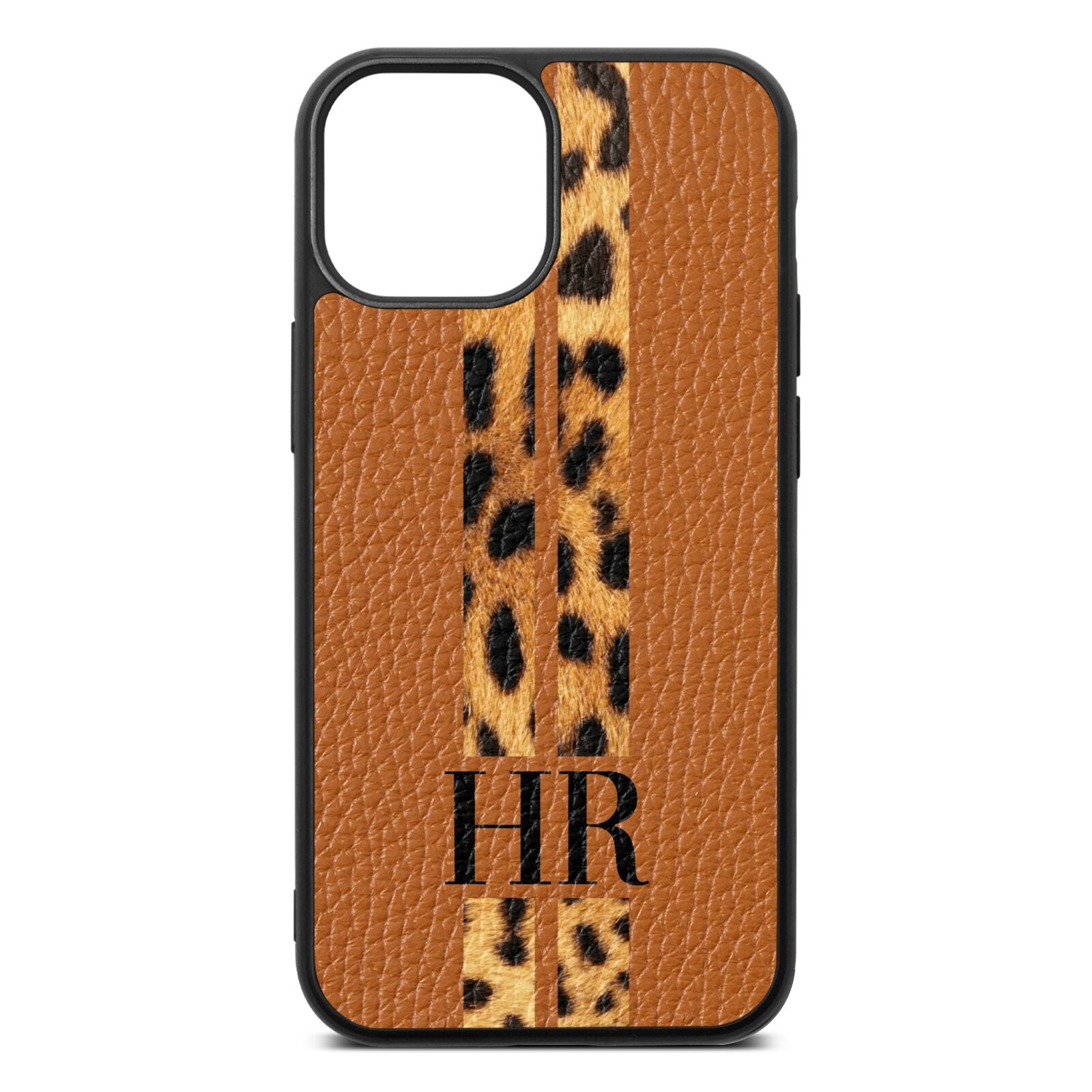 Initialled Leopard Print Stripes Tan Pebble Leather iPhone 13 Mini Case