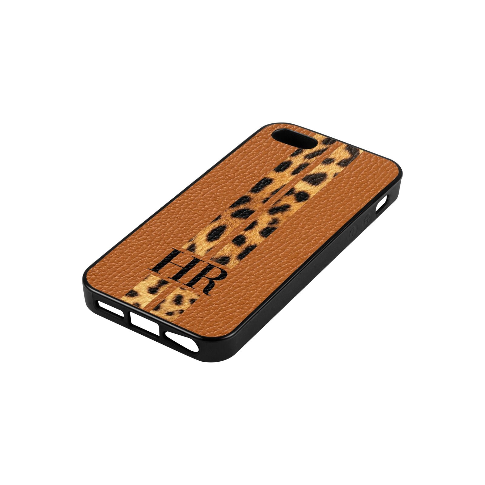 Initialled Leopard Print Stripes Tan Pebble Leather iPhone 5 Case Side Angle