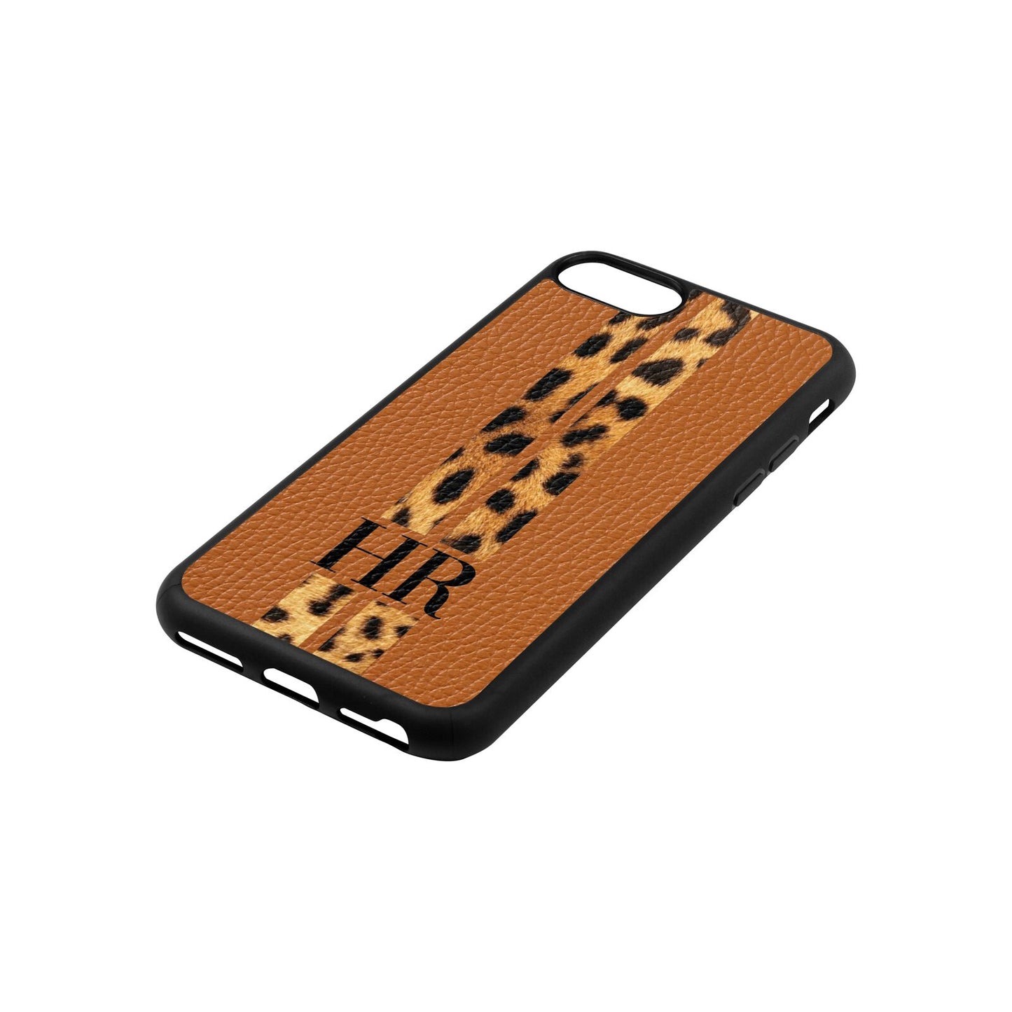 Initialled Leopard Print Stripes Tan Pebble Leather iPhone 8 Case Side Angle
