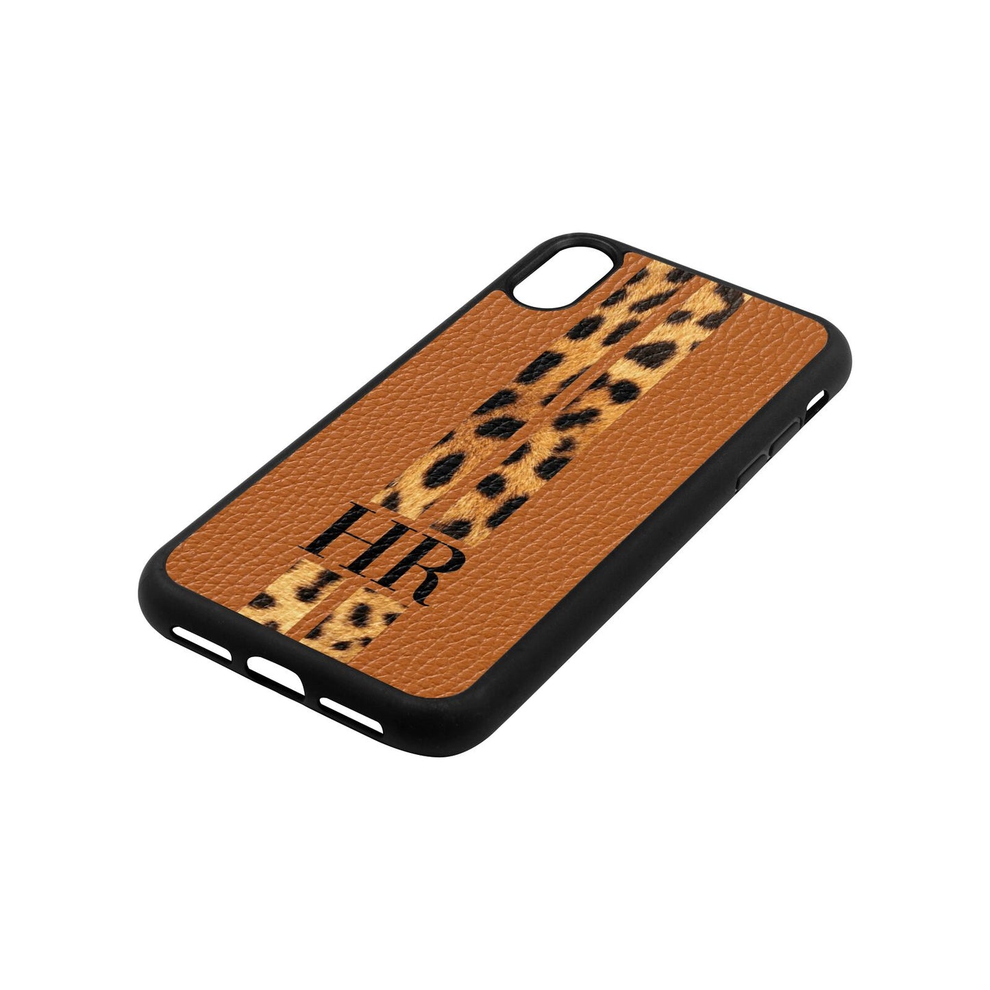 Initialled Leopard Print Stripes Tan Pebble Leather iPhone Xr Case Side Angle