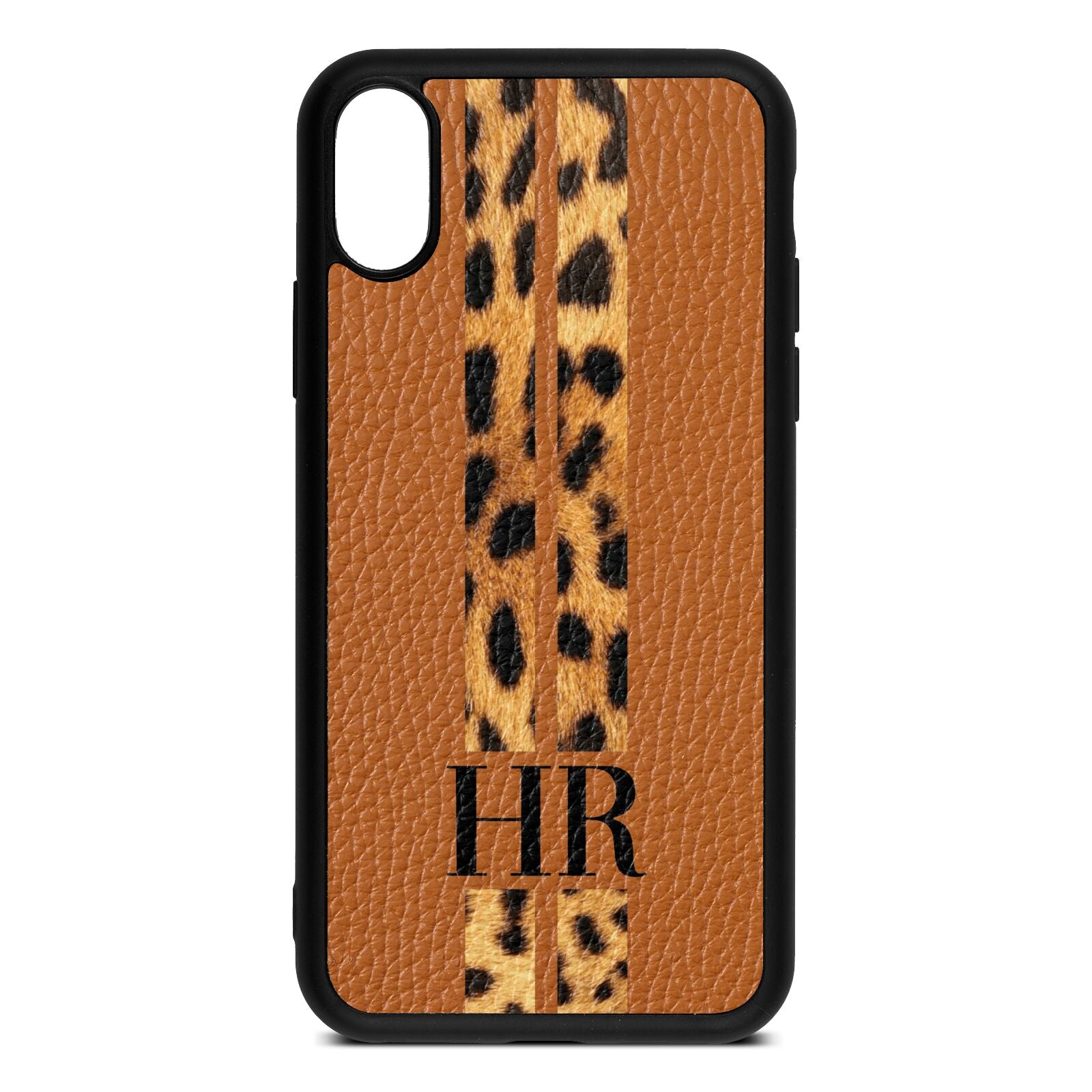 Initialled Leopard Print Stripes Tan Pebble Leather iPhone Xs Case