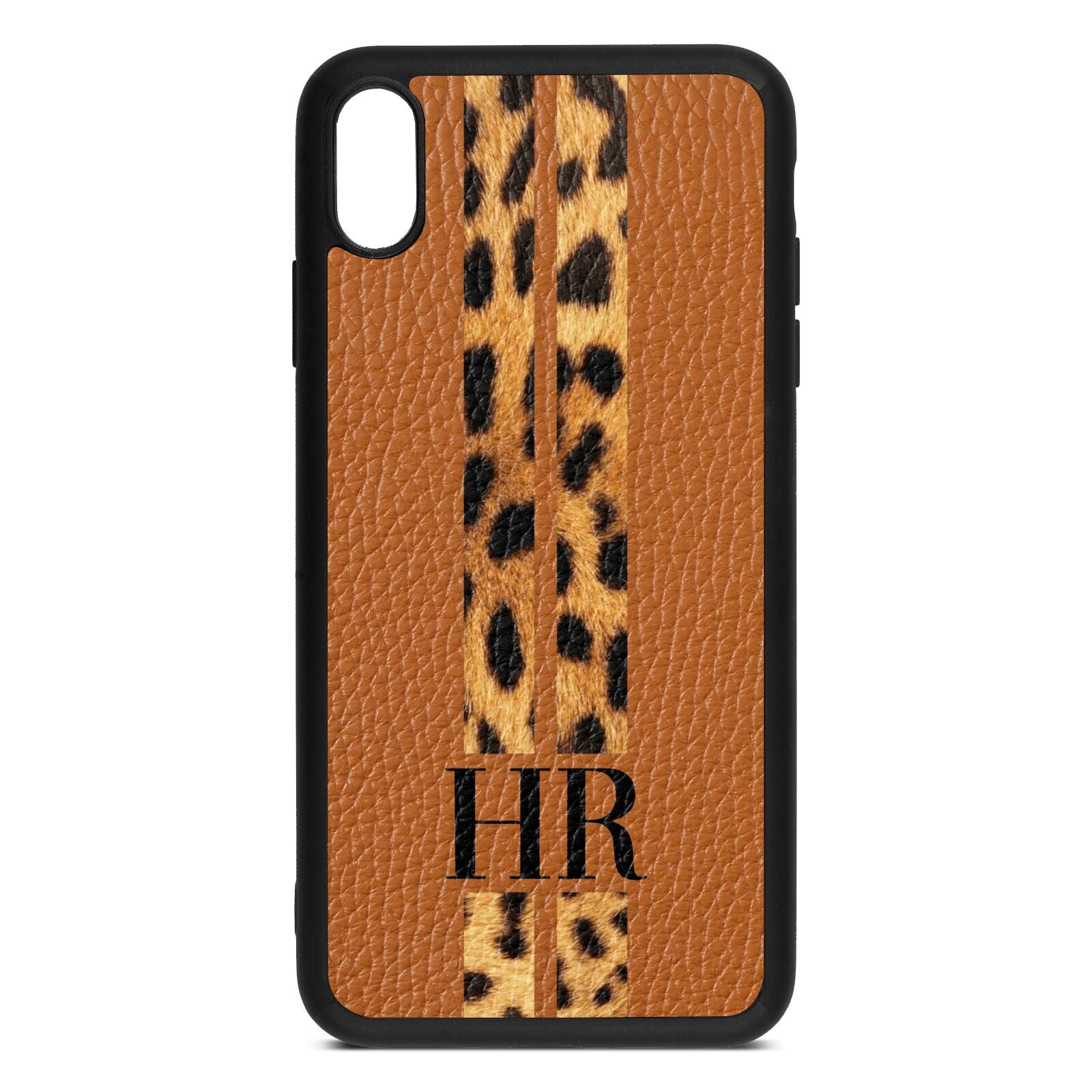 Initialled Leopard Print Stripes Tan Pebble Leather iPhone Xs Max Case