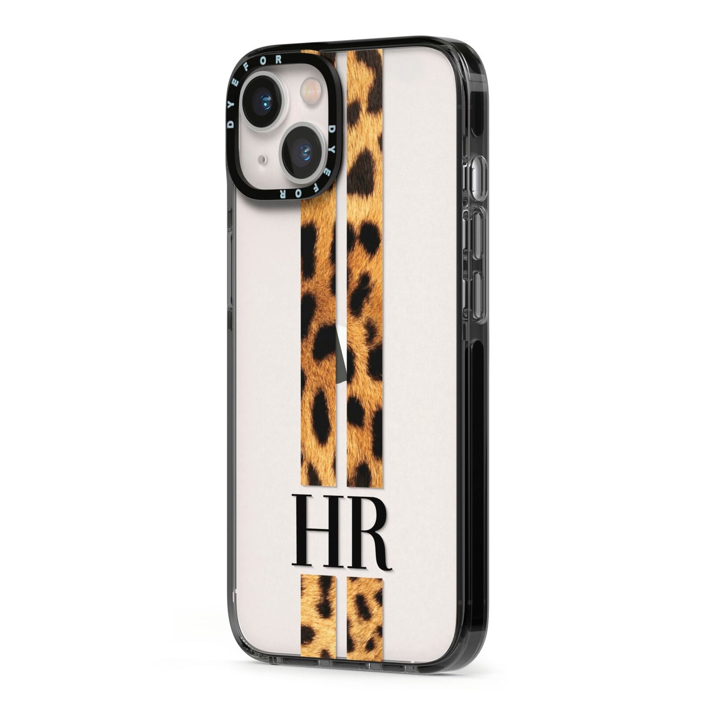 Initialled Leopard Print Stripes iPhone 13 Black Impact Case Side Angle on Silver phone