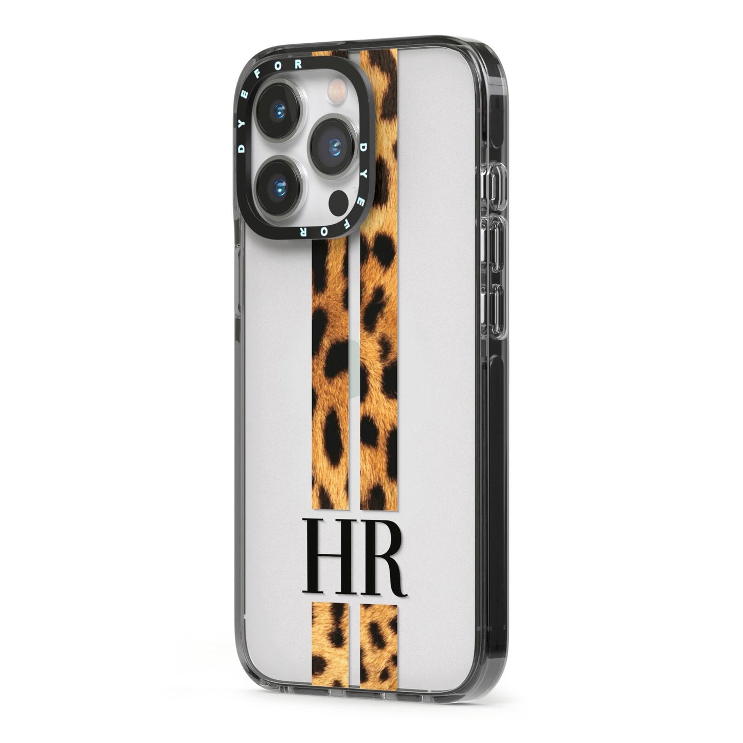 Initialled Leopard Print Stripes iPhone 13 Pro Black Impact Case Side Angle on Silver phone