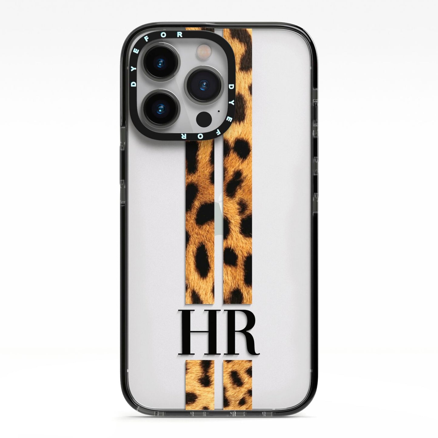 Initialled Leopard Print Stripes iPhone 13 Pro Black Impact Case on Silver phone