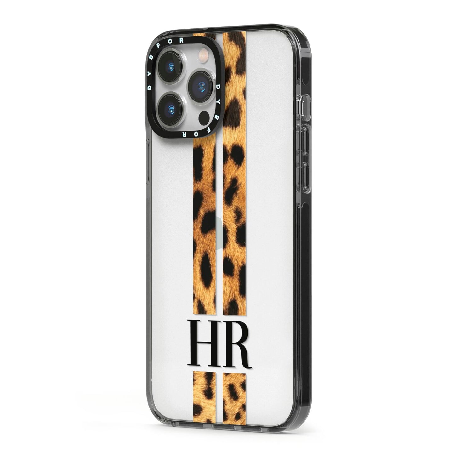 Initialled Leopard Print Stripes iPhone 13 Pro Max Black Impact Case Side Angle on Silver phone