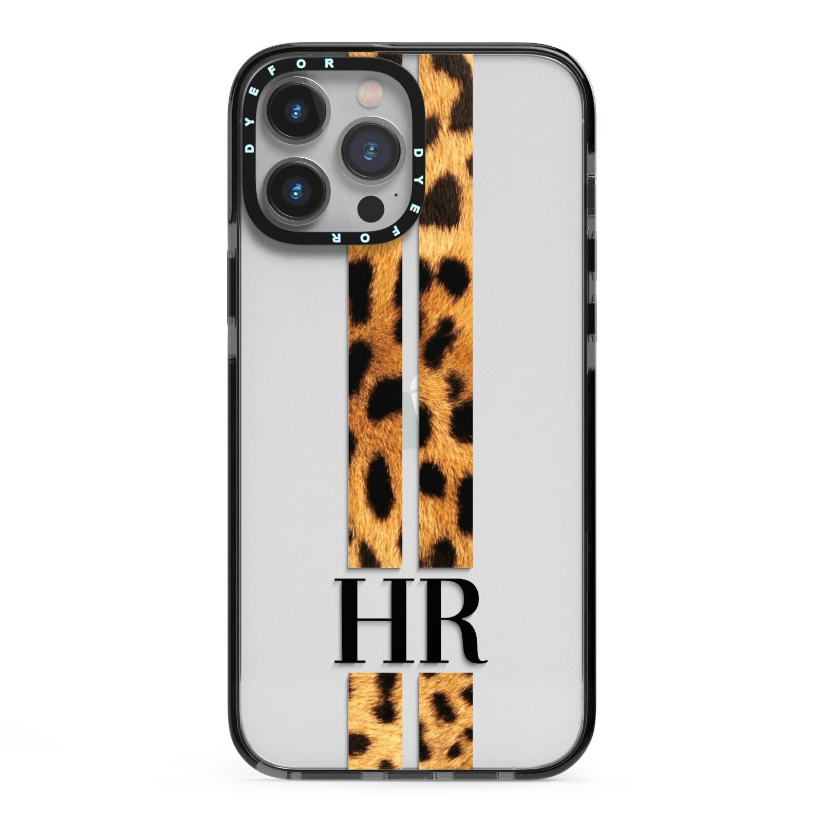 Initialled Leopard Print Stripes iPhone 13 Pro Max Black Impact Case on Silver phone