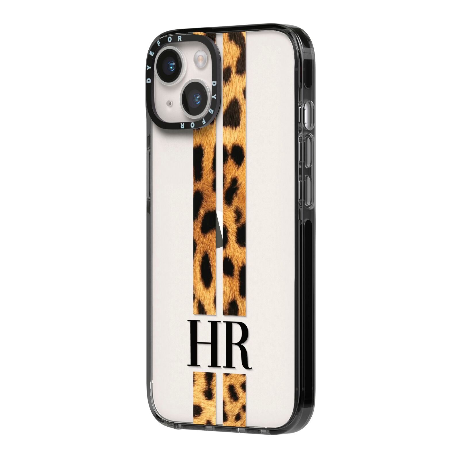 Initialled Leopard Print Stripes iPhone 14 Black Impact Case Side Angle on Silver phone