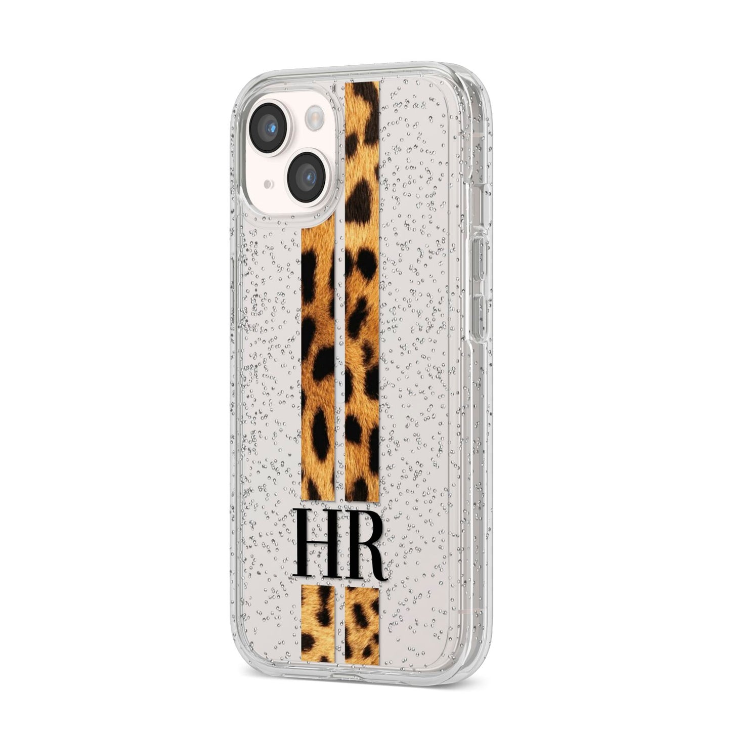 Initialled Leopard Print Stripes iPhone 14 Glitter Tough Case Starlight Angled Image