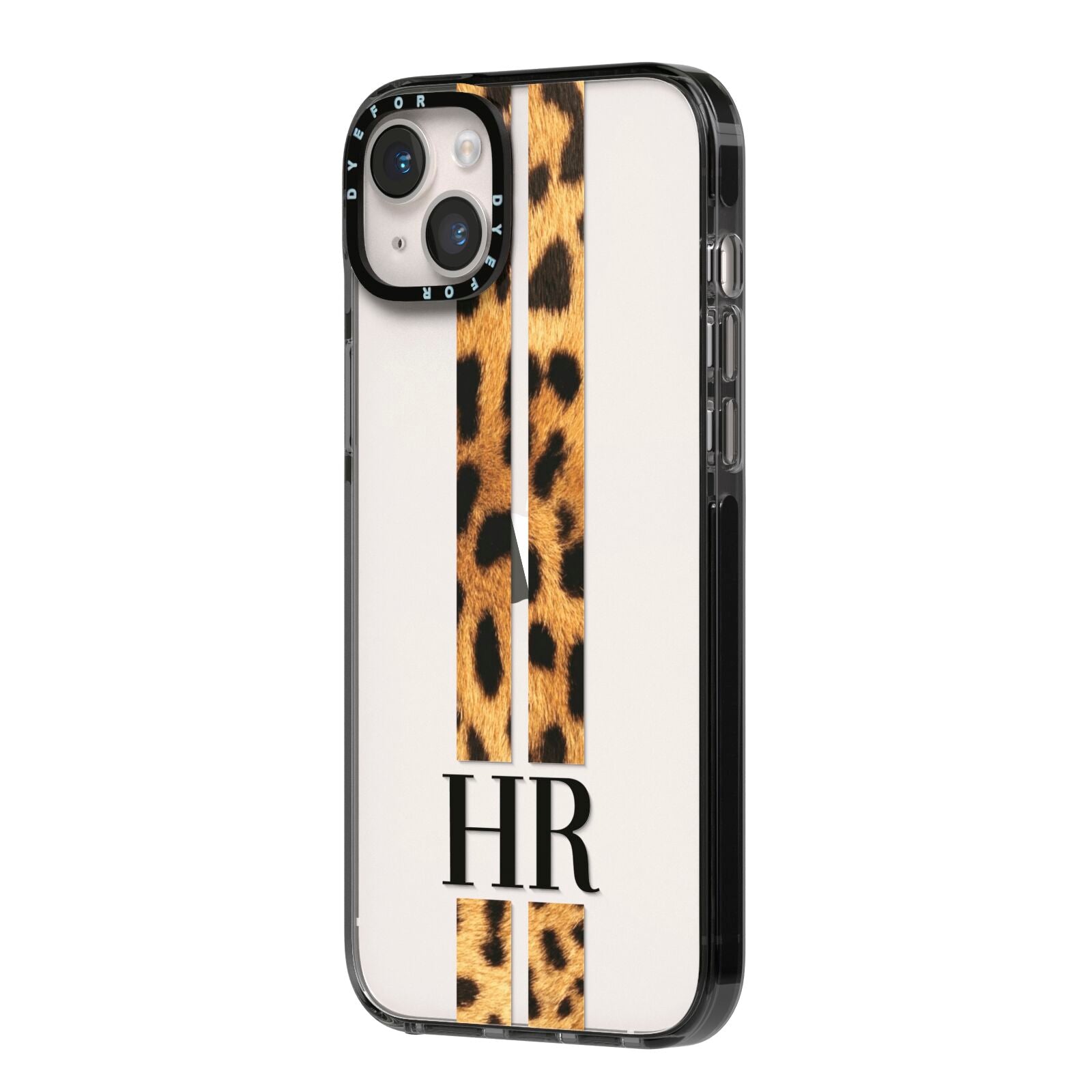 Initialled Leopard Print Stripes iPhone 14 Plus Black Impact Case Side Angle on Silver phone
