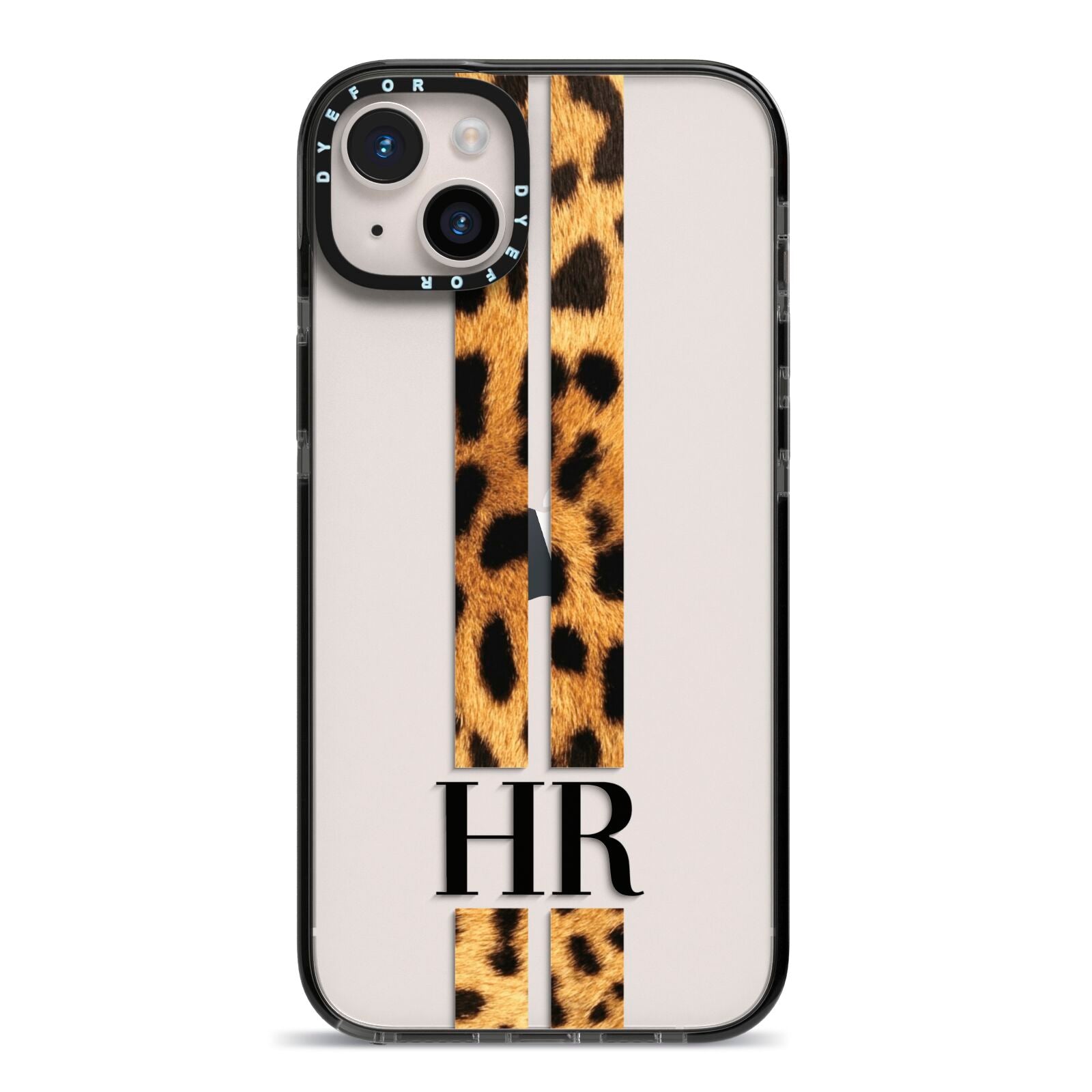 Initialled Leopard Print Stripes iPhone 14 Plus Black Impact Case on Silver phone