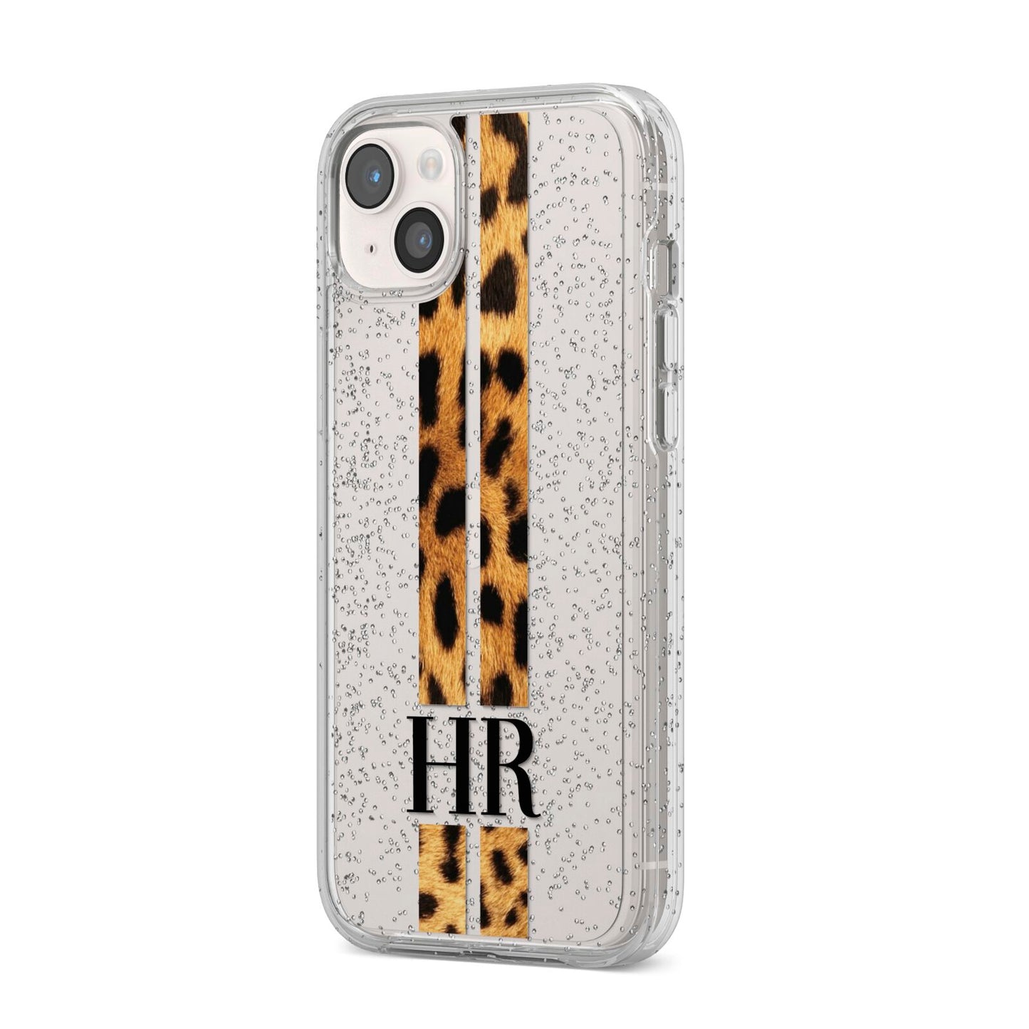 Initialled Leopard Print Stripes iPhone 14 Plus Glitter Tough Case Starlight Angled Image