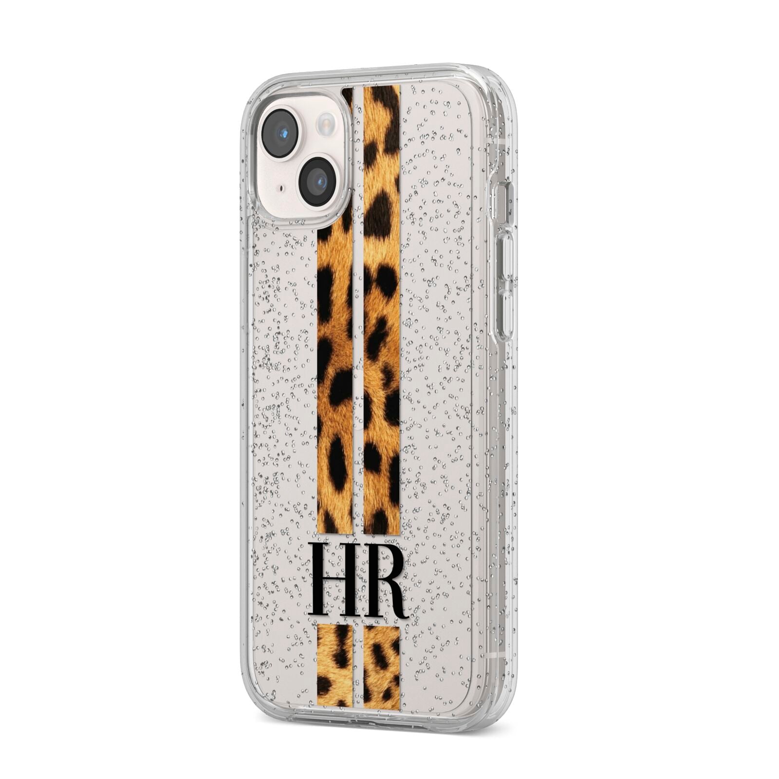 Initialled Leopard Print Stripes iPhone 14 Plus Glitter Tough Case Starlight Angled Image