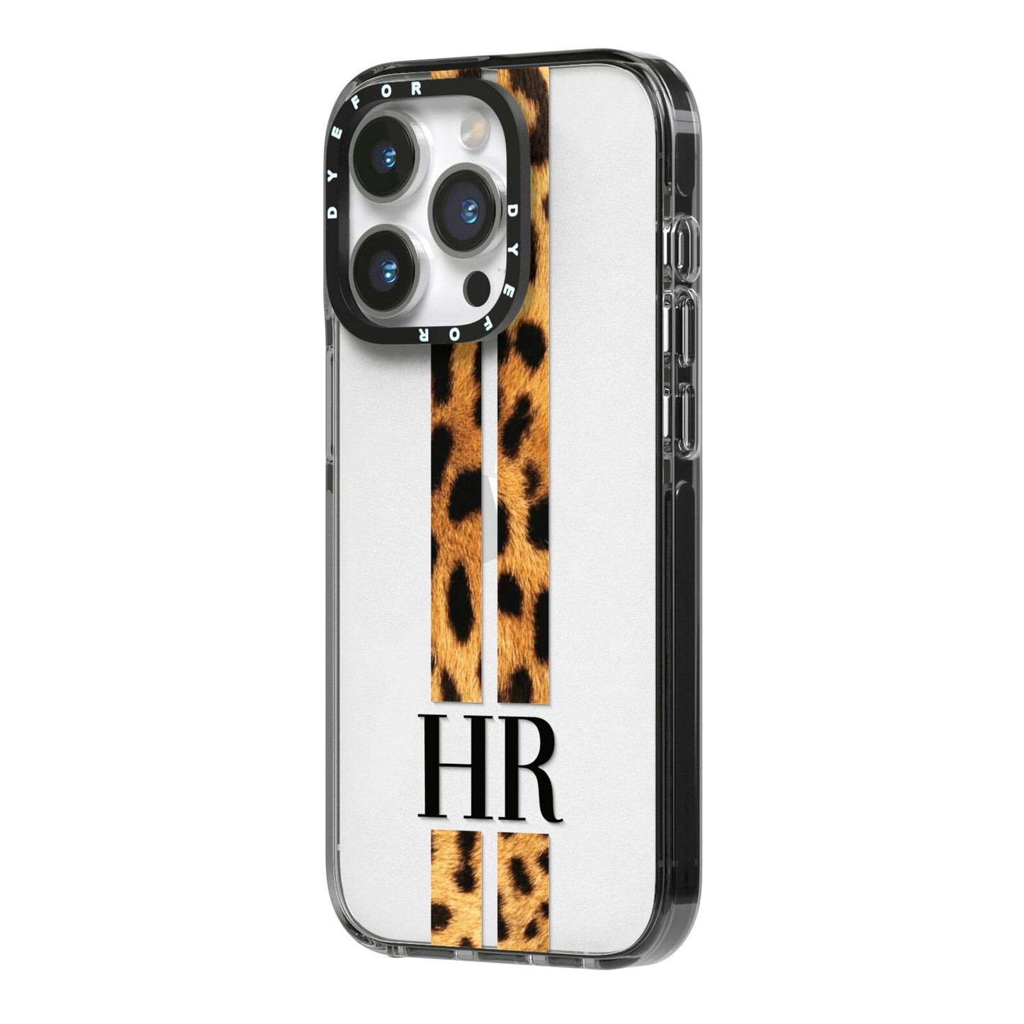 Initialled Leopard Print Stripes iPhone 14 Pro Black Impact Case Side Angle on Silver phone