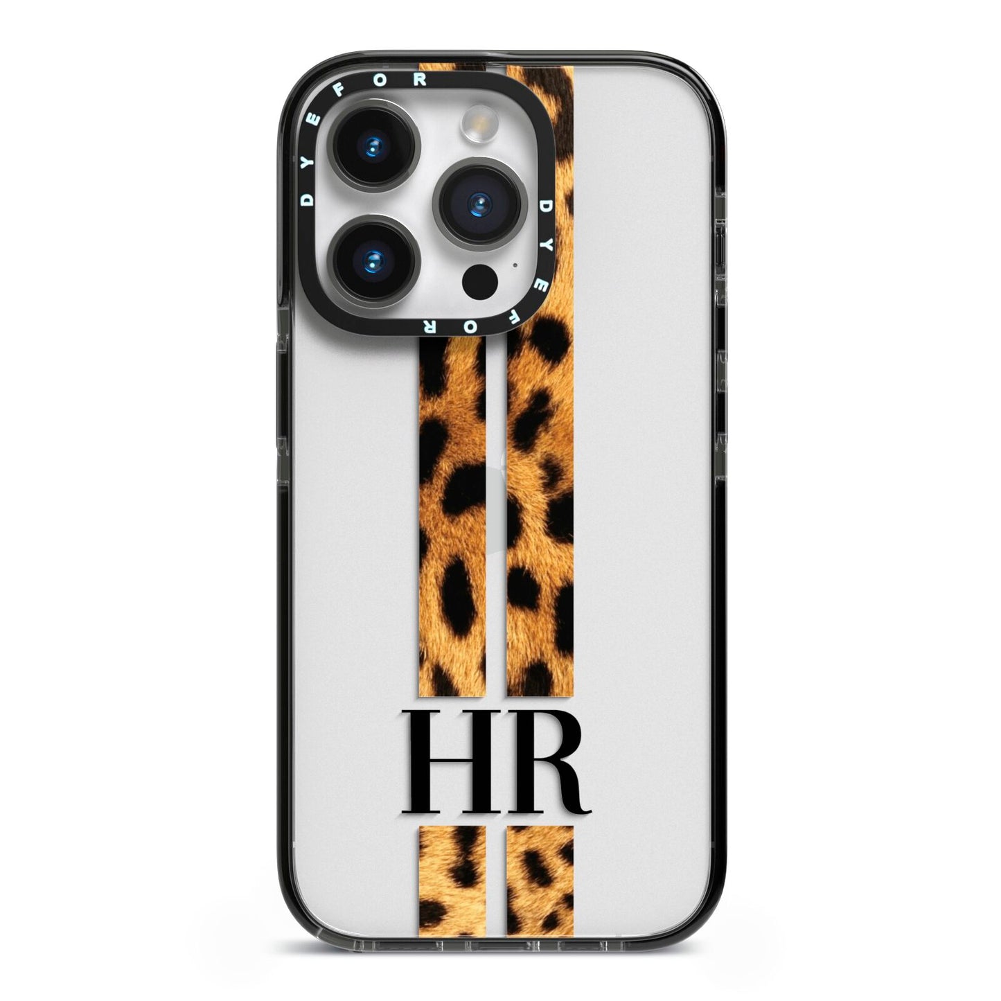 Initialled Leopard Print Stripes iPhone 14 Pro Black Impact Case on Silver phone