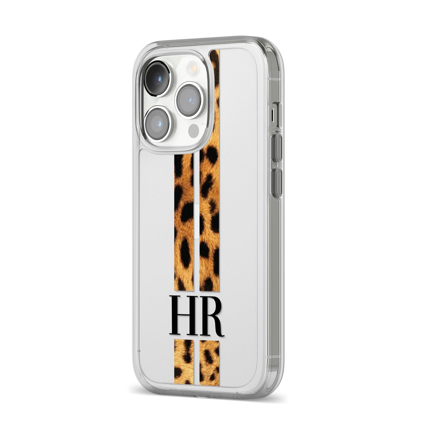 Initialled Leopard Print Stripes iPhone 14 Pro Clear Tough Case Silver Angled Image