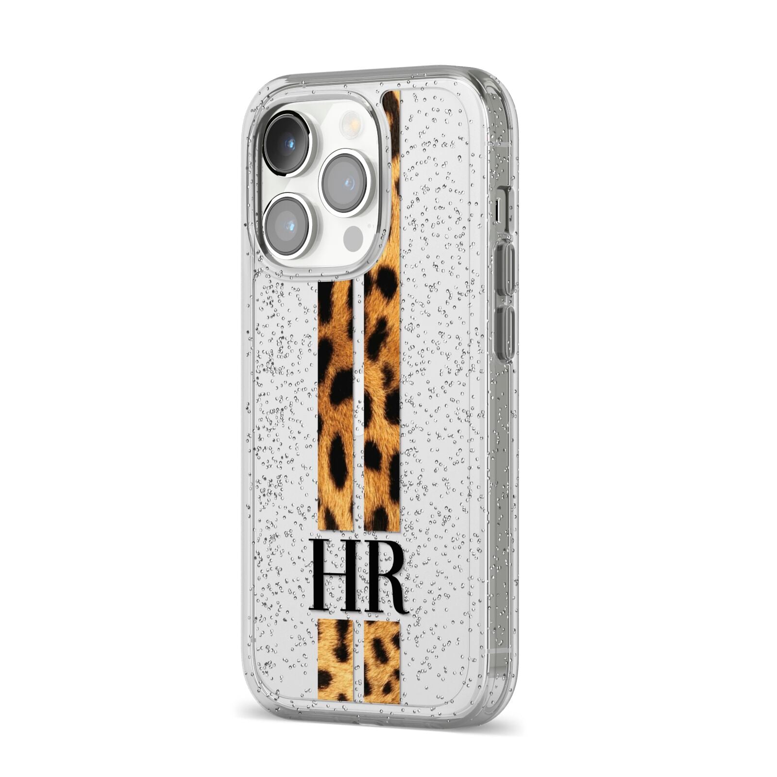 Initialled Leopard Print Stripes iPhone 14 Pro Glitter Tough Case Silver Angled Image