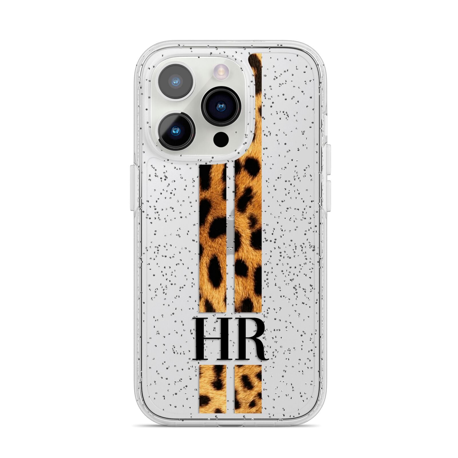 Initialled Leopard Print Stripes iPhone 14 Pro Glitter Tough Case Silver
