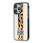 Initialled Leopard Print Stripes iPhone 14 Pro Max Black Impact Case Side Angle on Silver phone