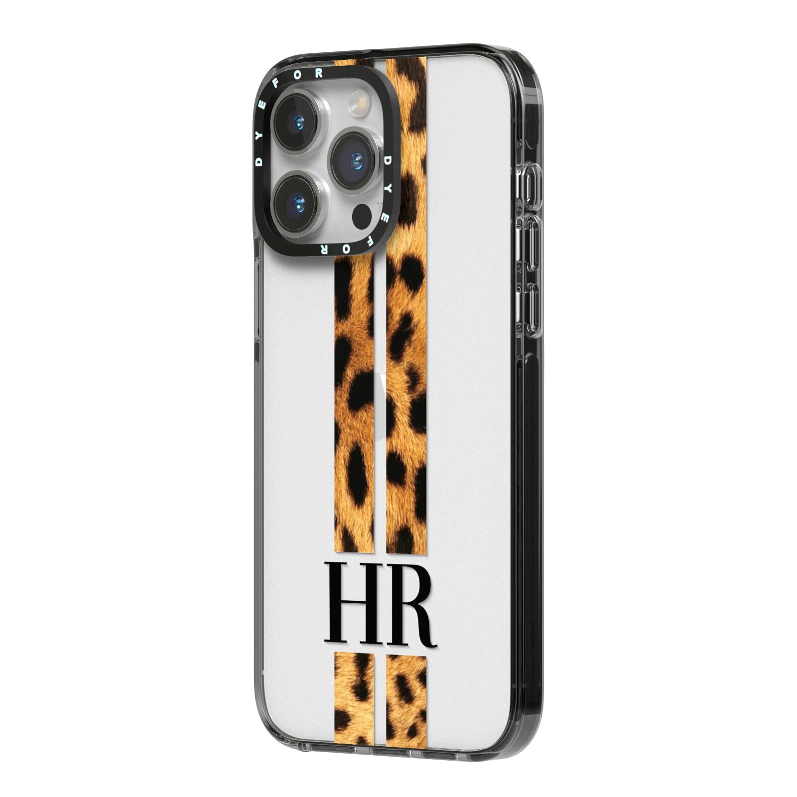 Initialled Leopard Print Stripes iPhone 14 Pro Max Black Impact Case Side Angle on Silver phone