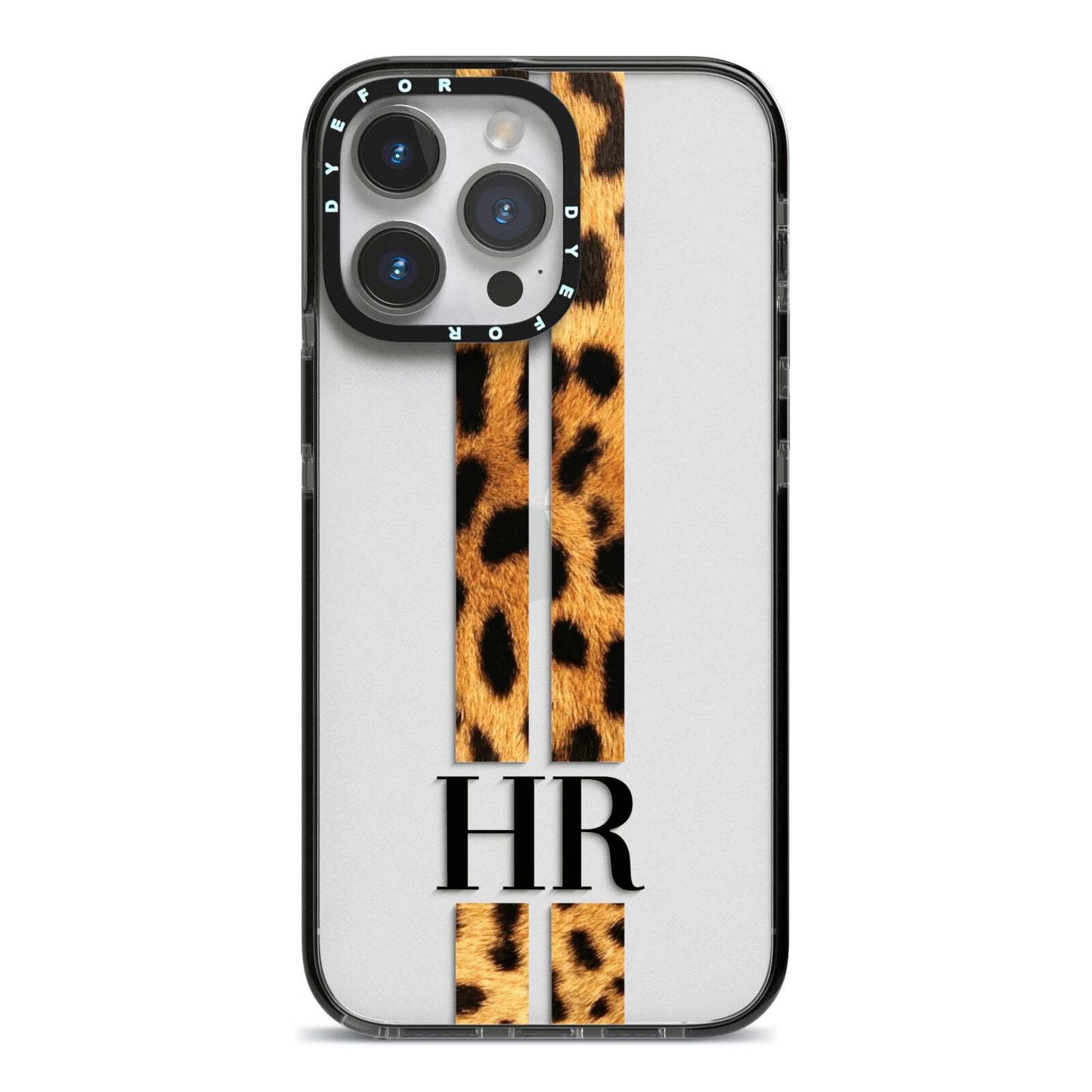 Initialled Leopard Print Stripes iPhone 14 Pro Max Black Impact Case on Silver phone