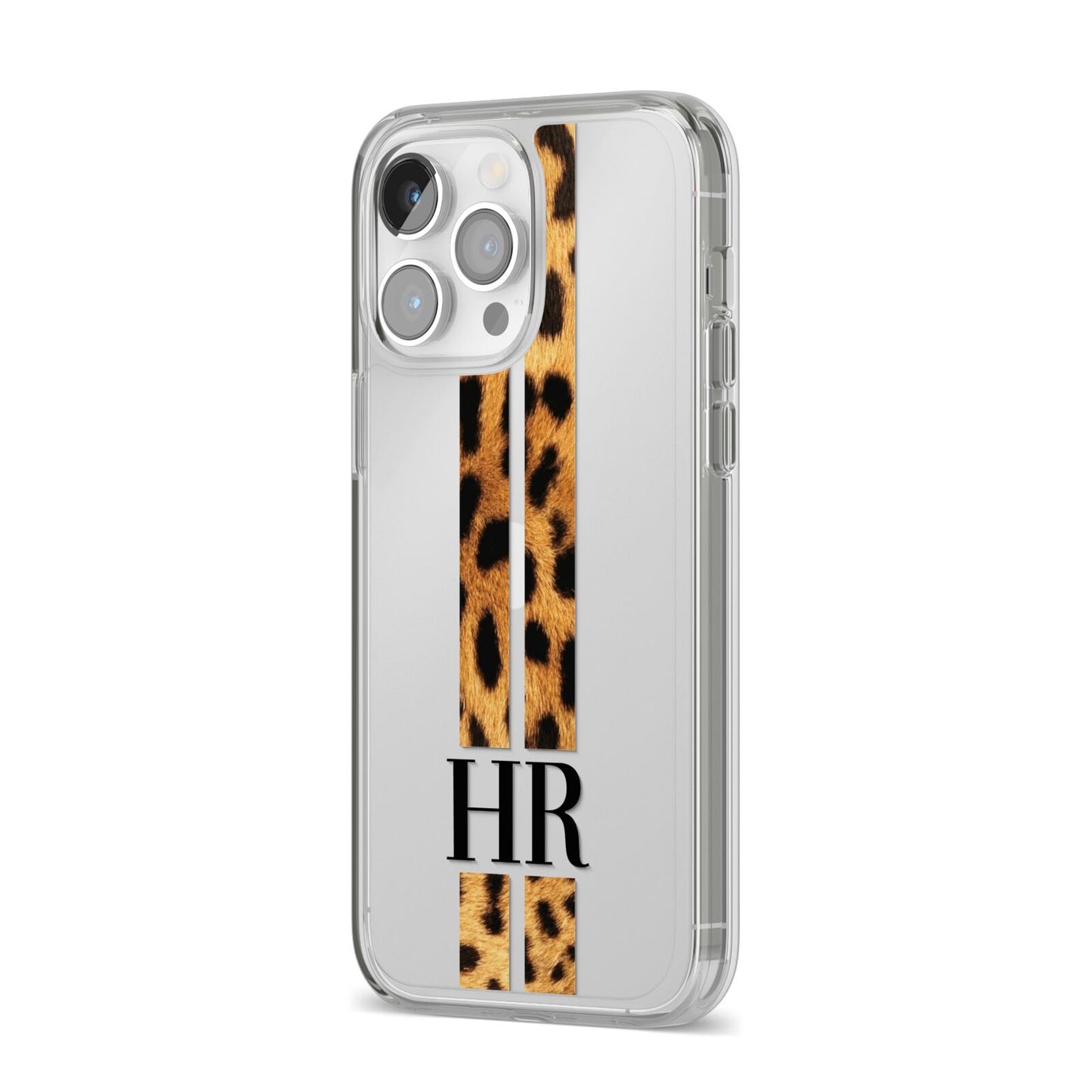 Initialled Leopard Print Stripes iPhone 14 Pro Max Clear Tough Case Silver Angled Image
