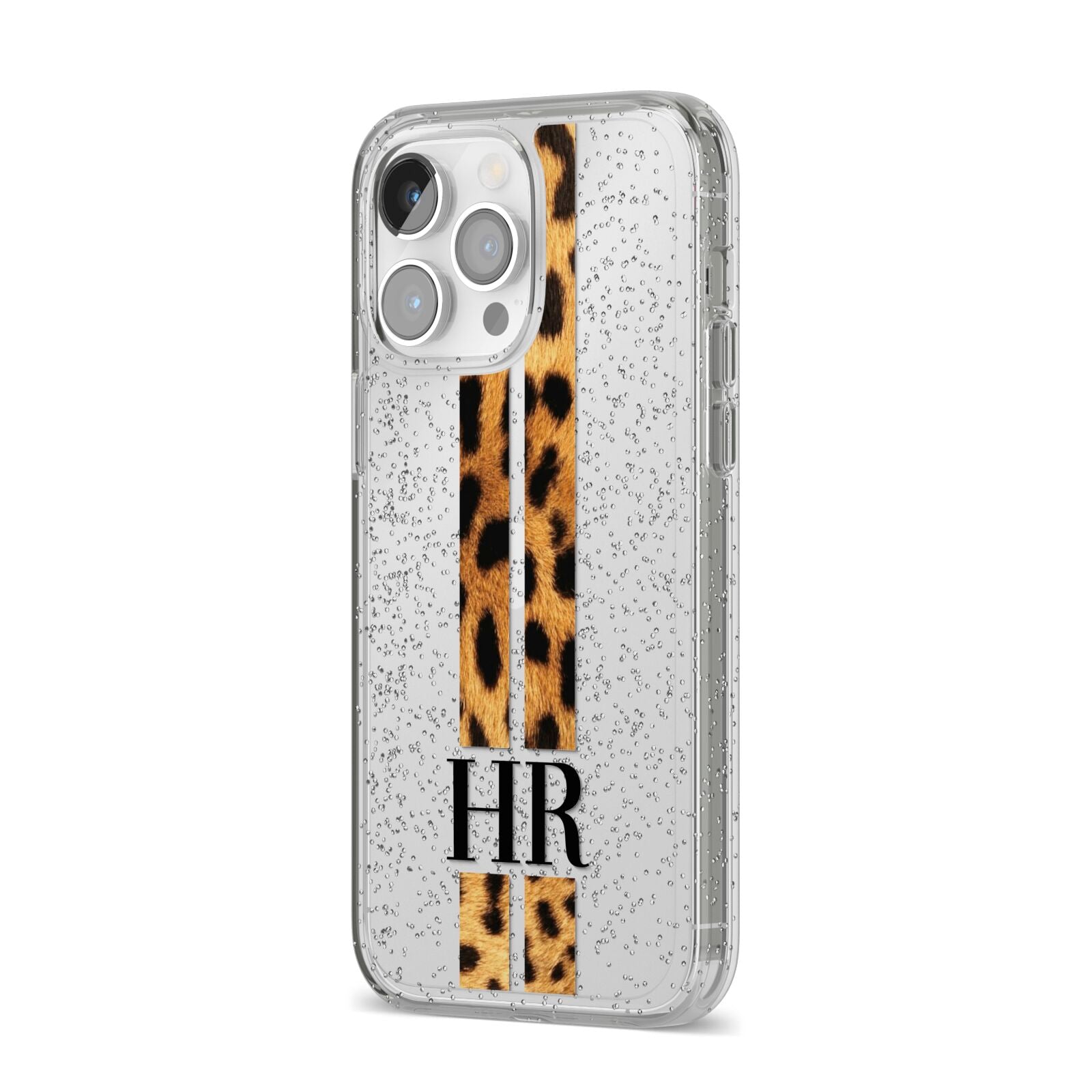 Initialled Leopard Print Stripes iPhone 14 Pro Max Glitter Tough Case Silver Angled Image