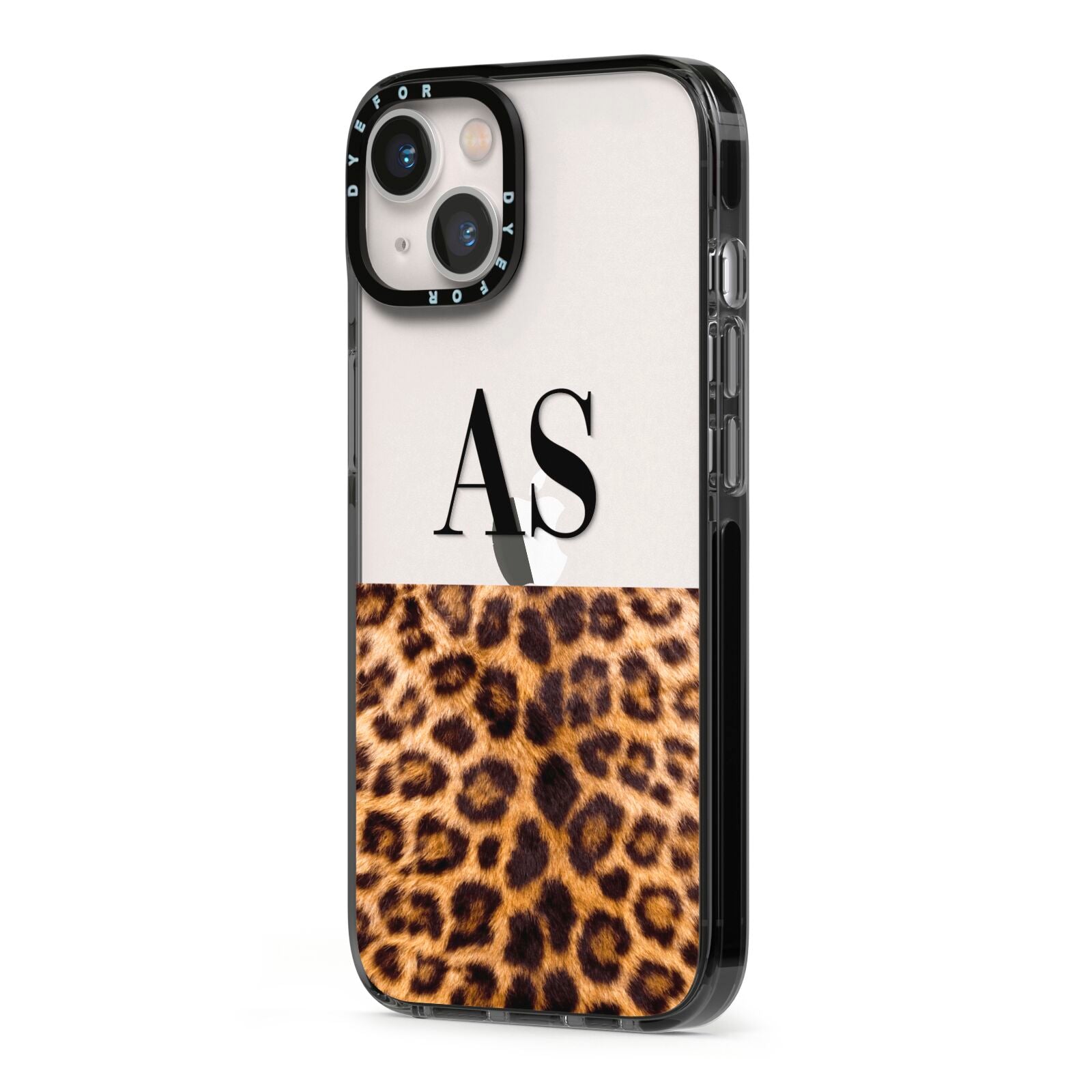 Initialled Leopard Print iPhone 13 Black Impact Case Side Angle on Silver phone