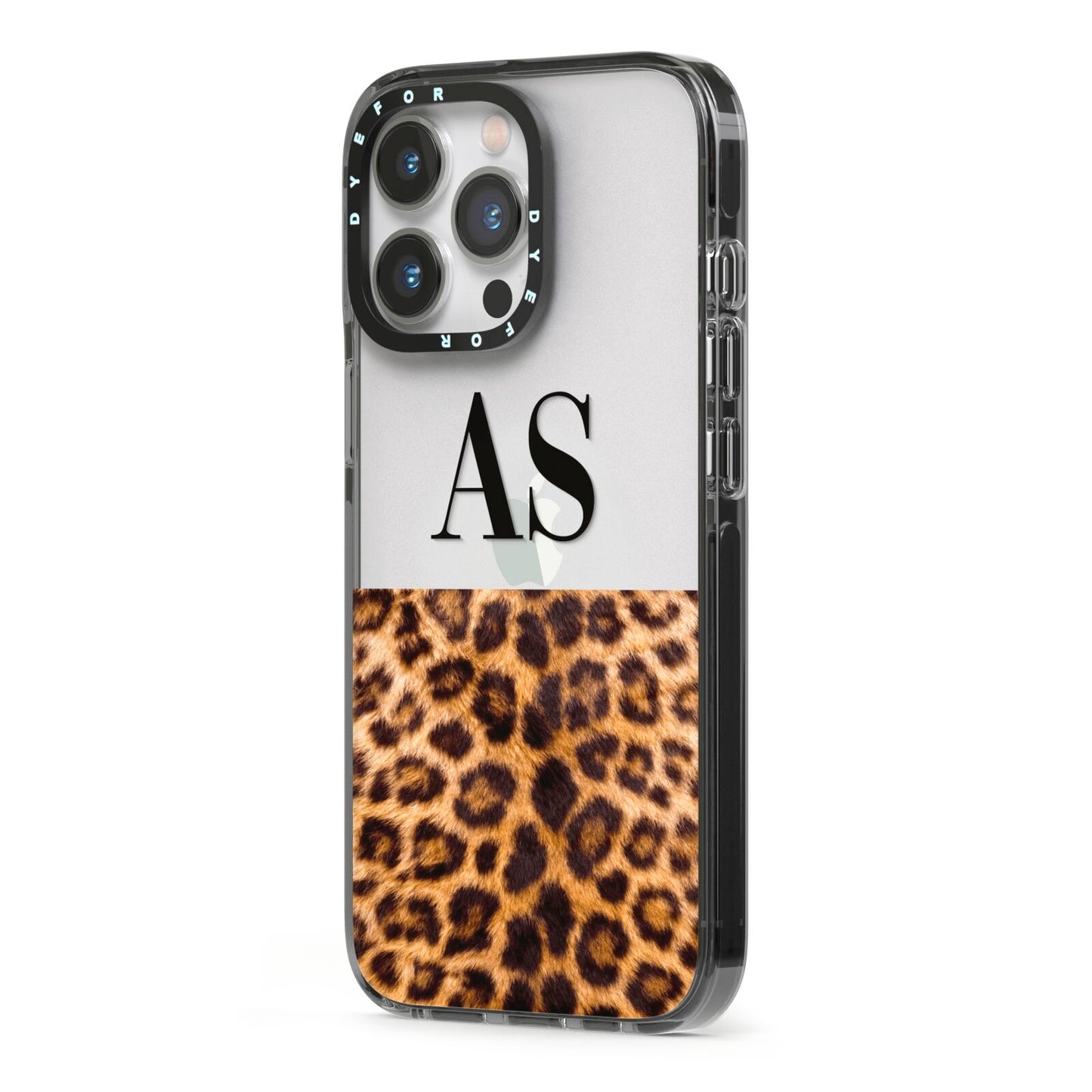 Initialled Leopard Print iPhone 13 Pro Black Impact Case Side Angle on Silver phone