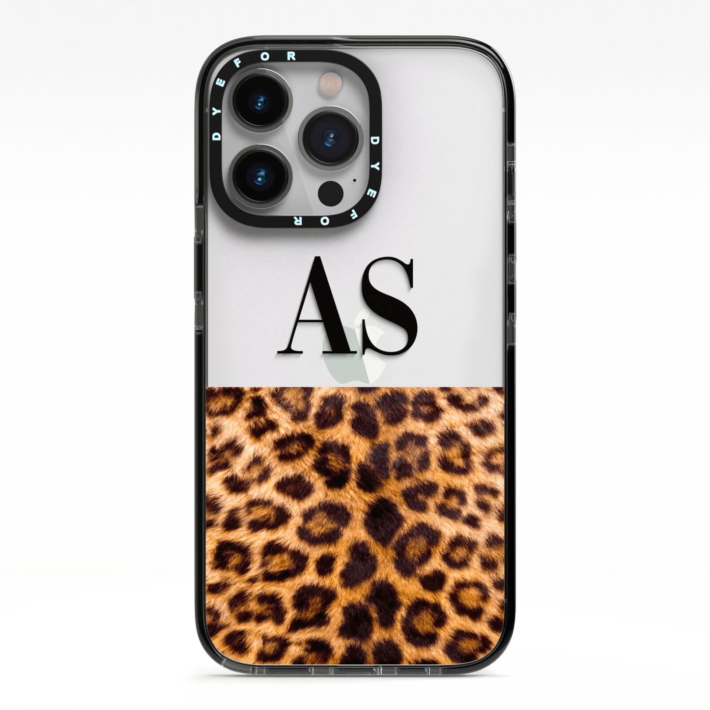 Initialled Leopard Print iPhone 13 Pro Black Impact Case on Silver phone