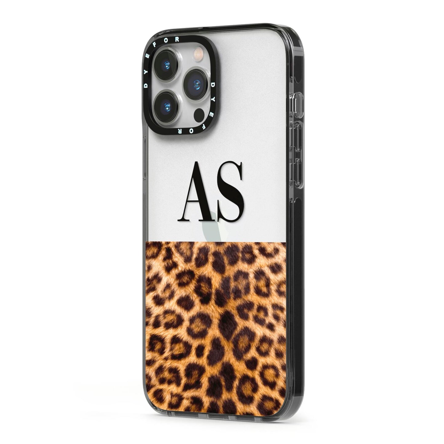 Initialled Leopard Print iPhone 13 Pro Max Black Impact Case Side Angle on Silver phone