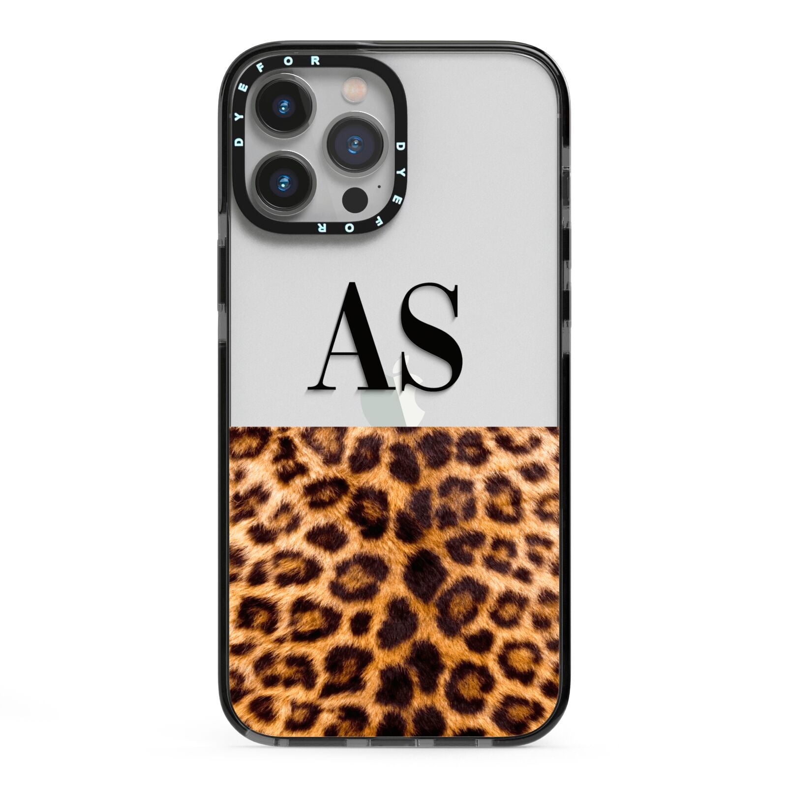 Initialled Leopard Print iPhone 13 Pro Max Black Impact Case on Silver phone