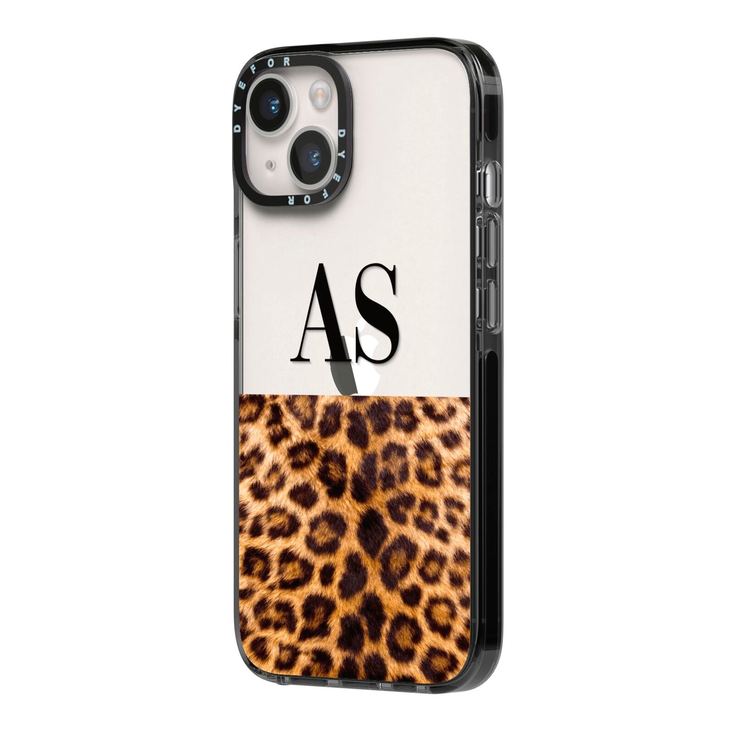 Initialled Leopard Print iPhone 14 Black Impact Case Side Angle on Silver phone