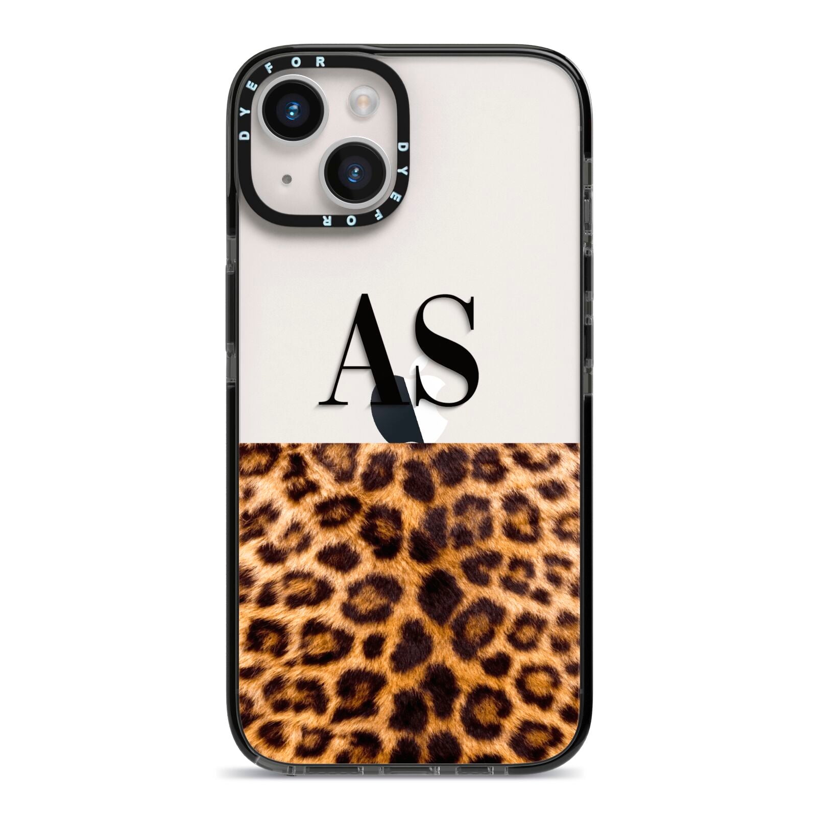 Initialled Leopard Print iPhone 14 Black Impact Case on Silver phone