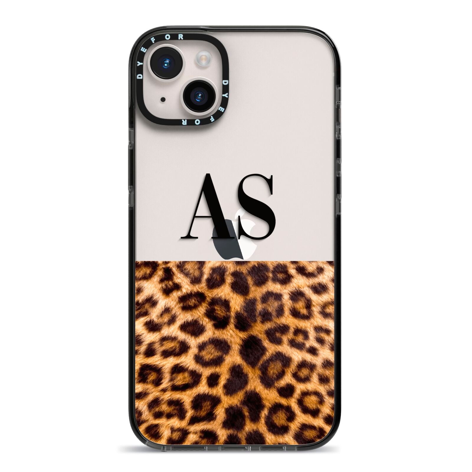 Initialled Leopard Print iPhone 14 Plus Black Impact Case on Silver phone