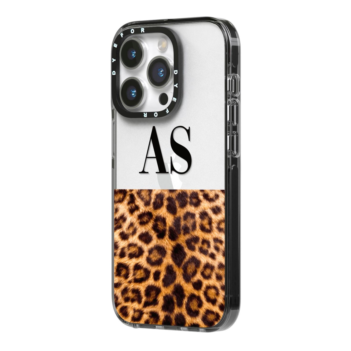 Initialled Leopard Print iPhone 14 Pro Black Impact Case Side Angle on Silver phone