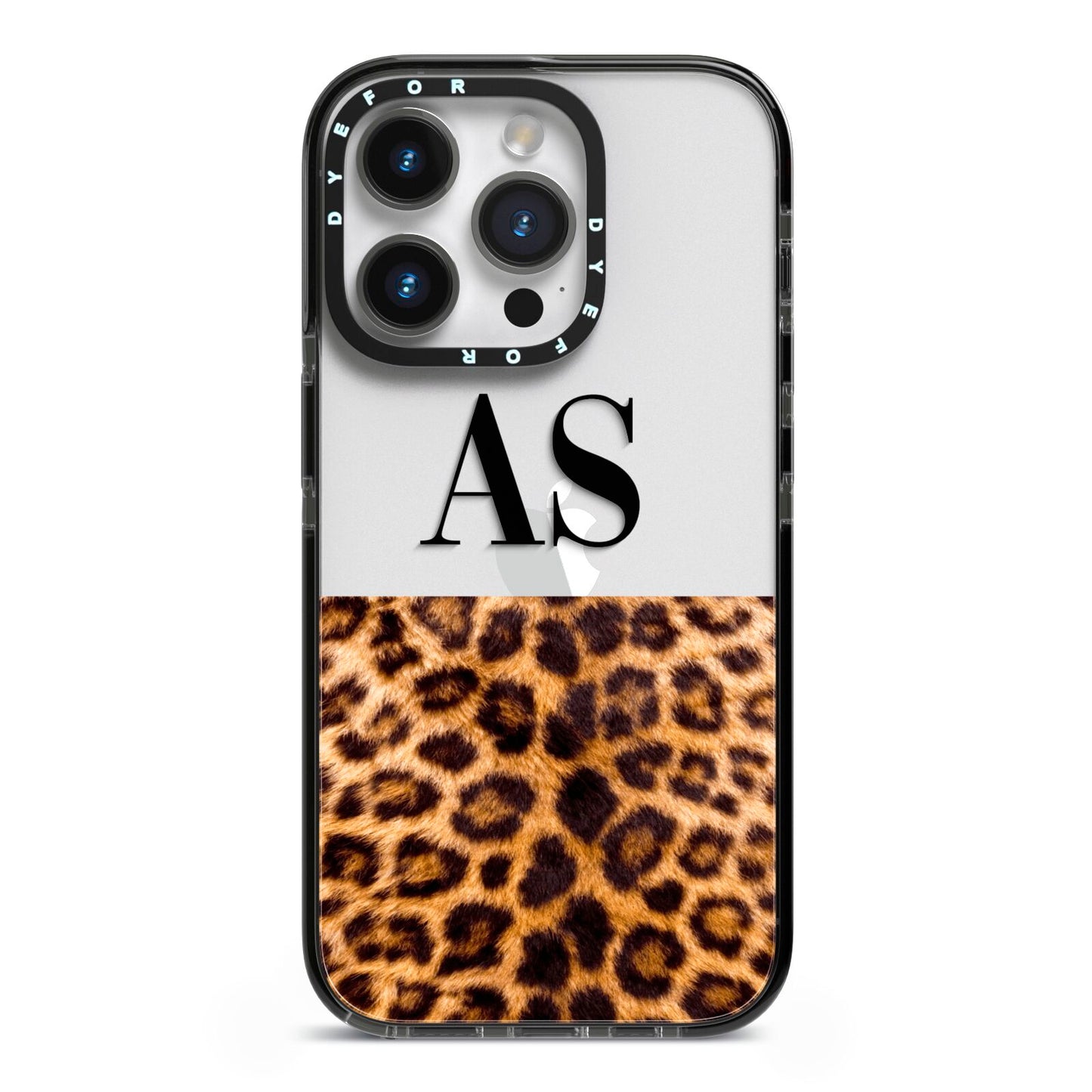 Initialled Leopard Print iPhone 14 Pro Black Impact Case on Silver phone